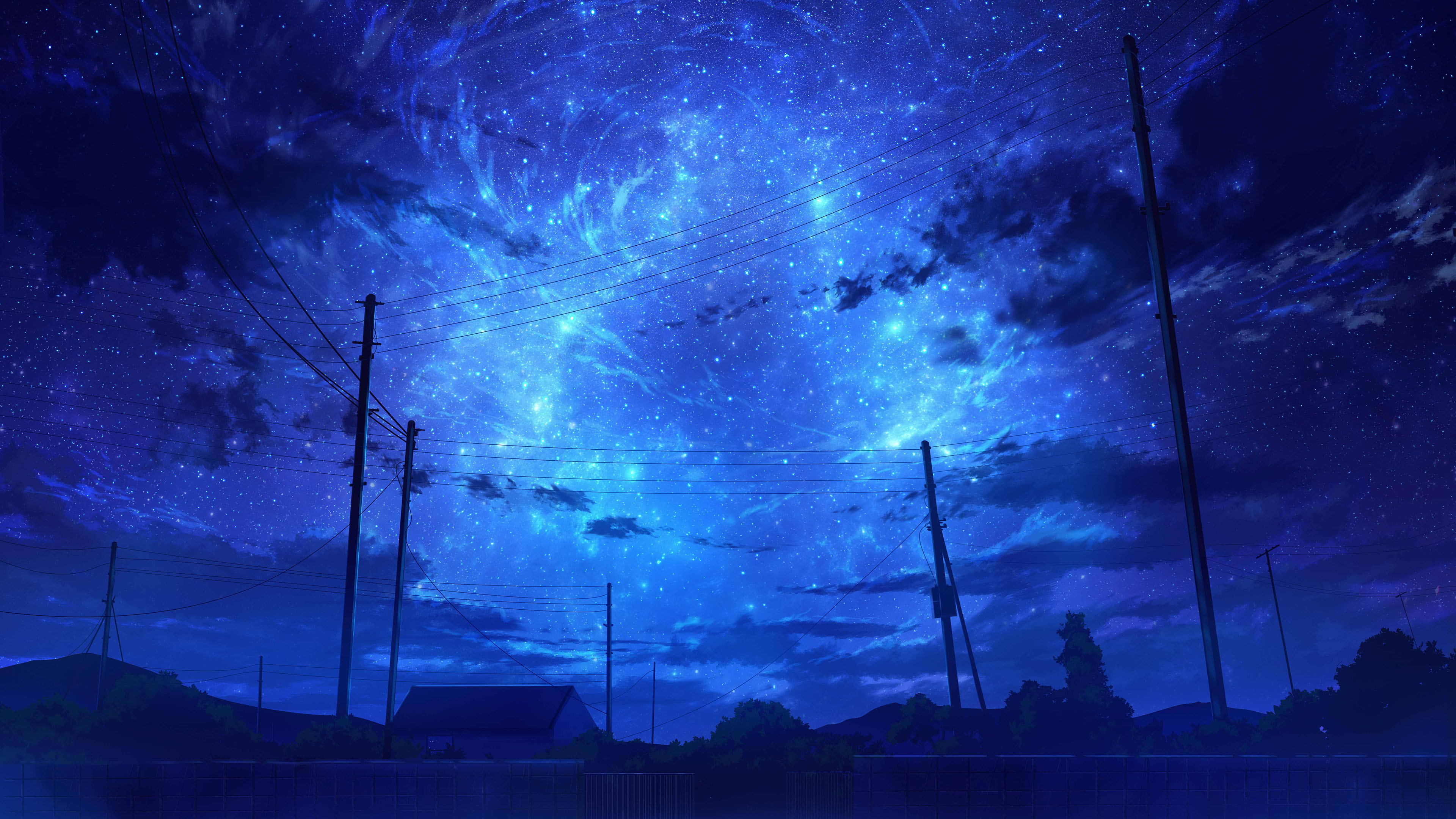 晚霞,夜空,电线杆