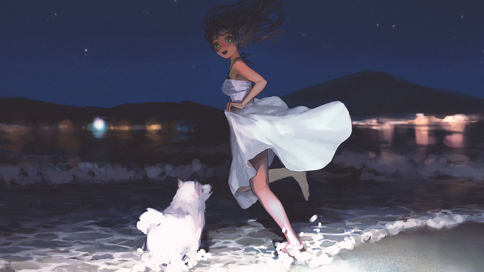 夜晚的海边,狗狗,可爱女孩