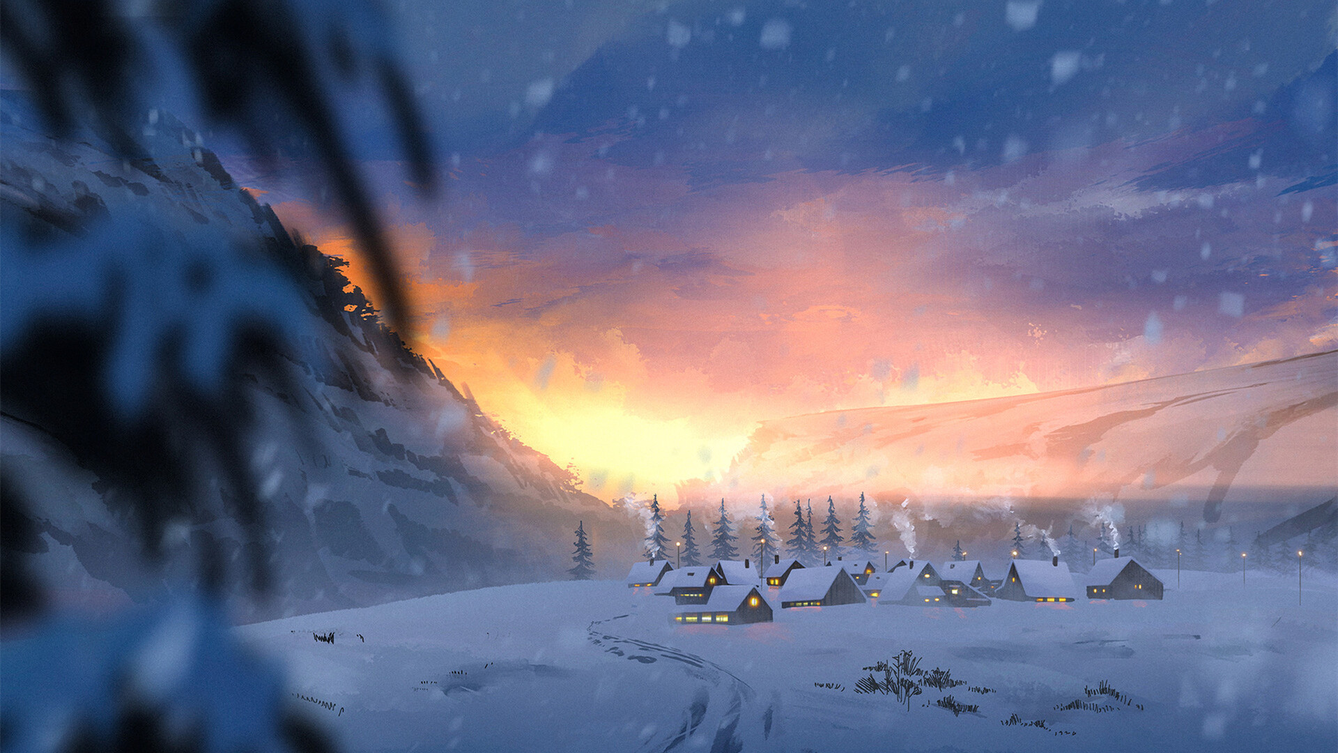 大雪纷飞,雪原,小镇,童话世界