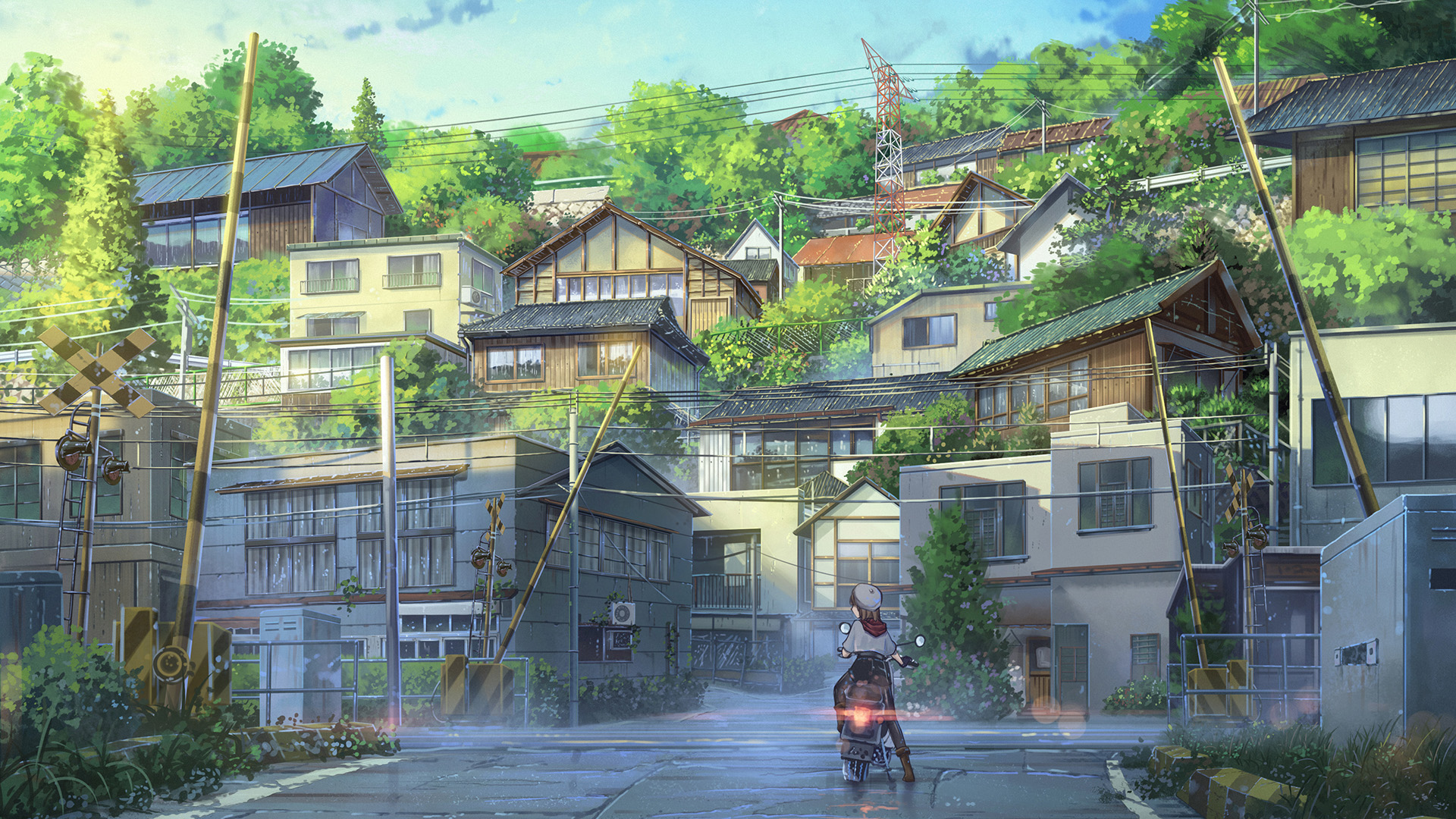 小镇,街道,摩托车,机车女孩,阁楼