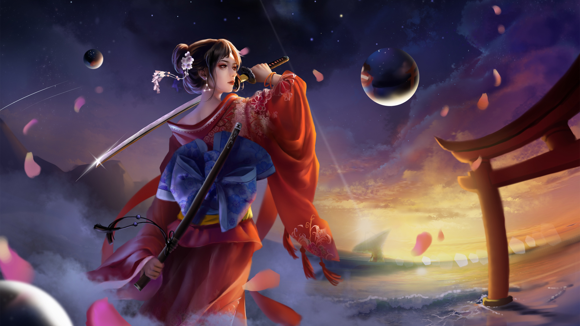 动漫,三体智子,红色和服,武士刀