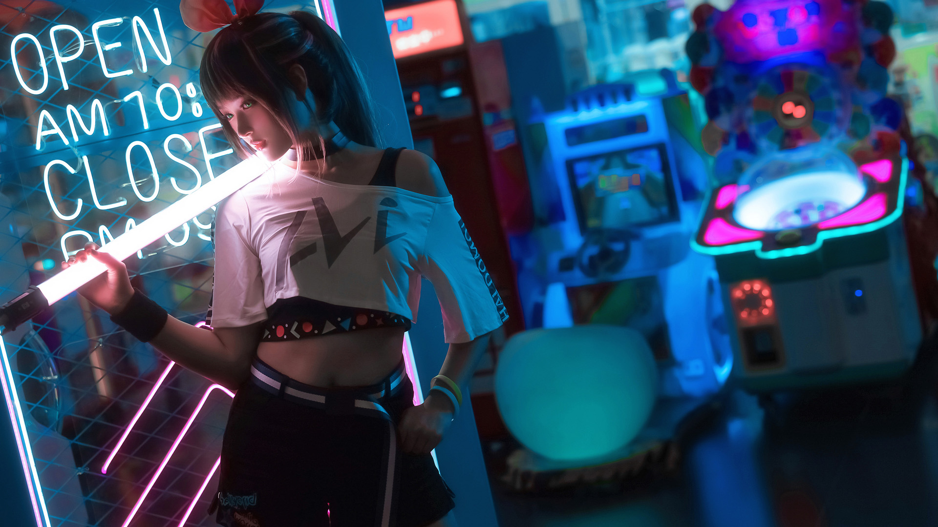 科幻少女,白色荧光棒,个性时尚可爱动漫女孩