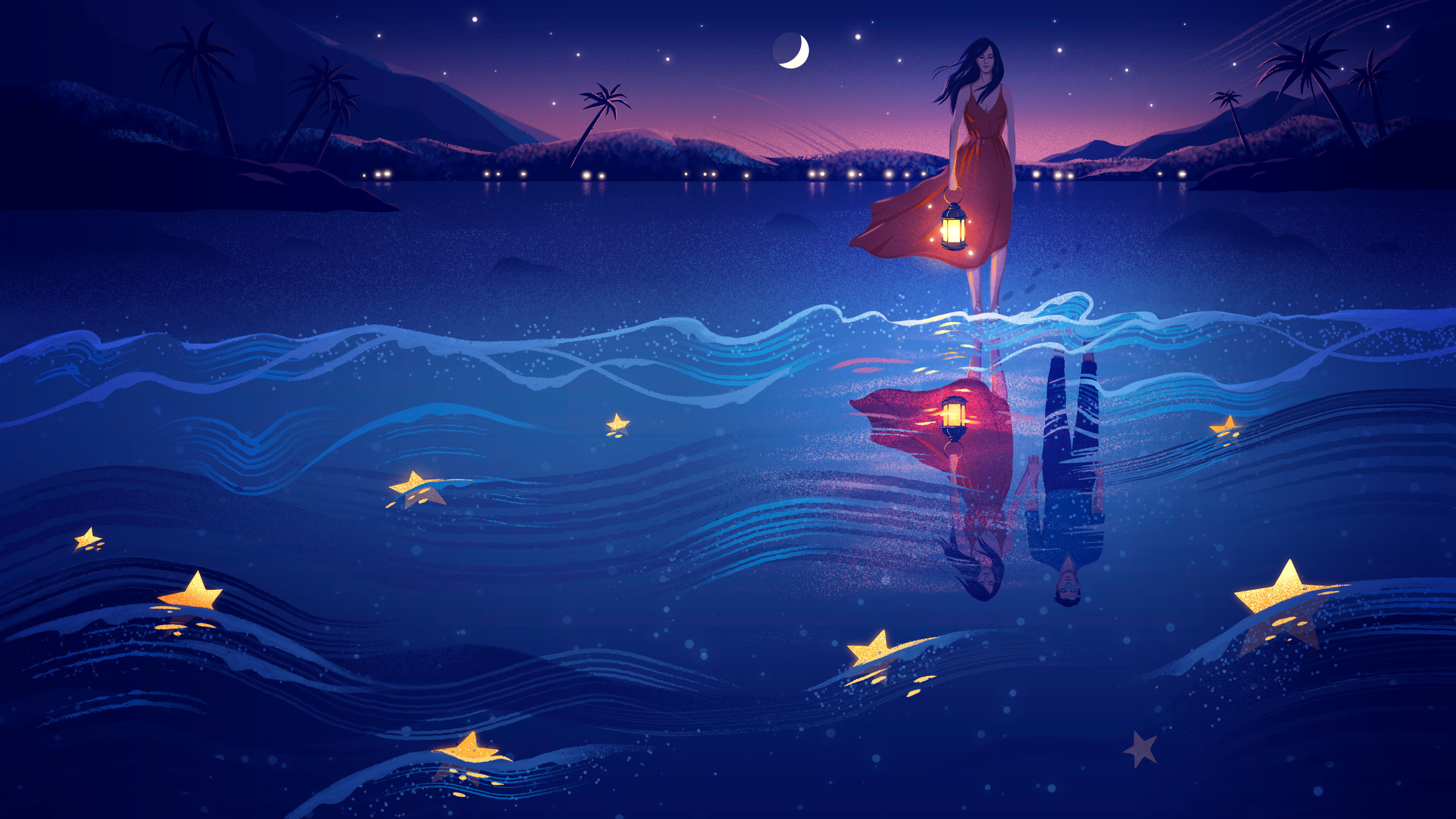 海滩,倒影,月夜,煤油灯