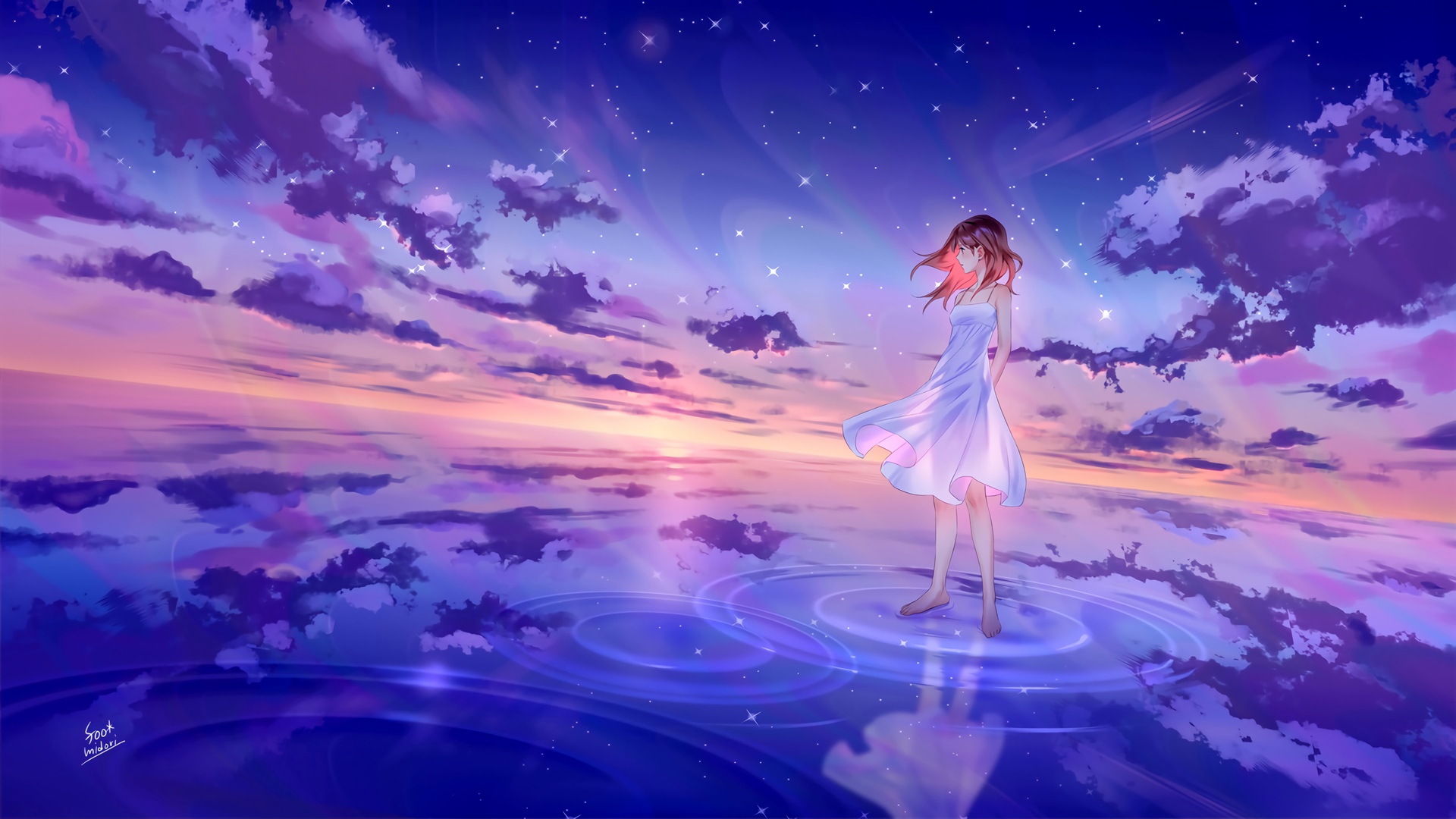 星空,海水,美少女,白色裙子