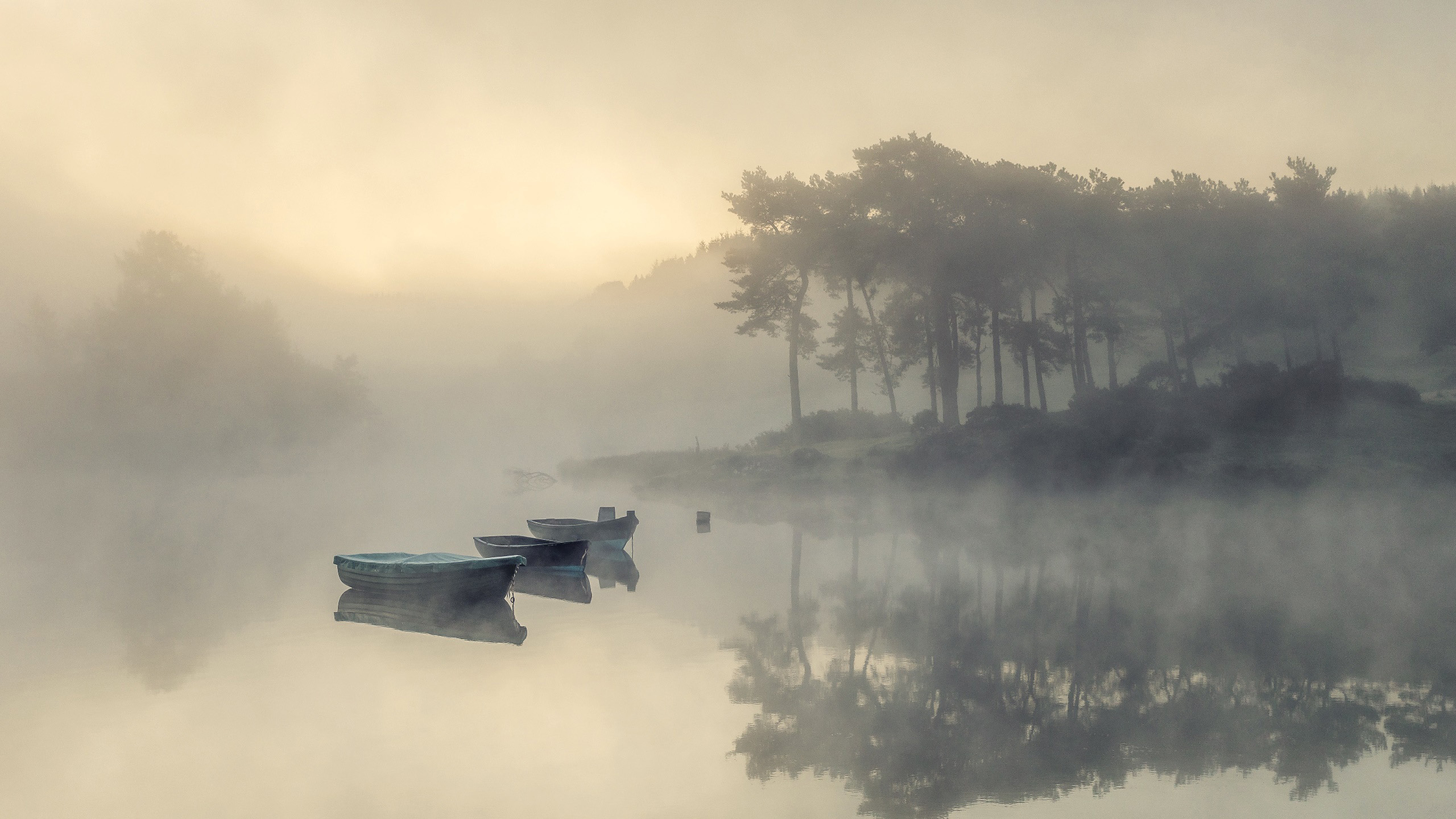 自然风光,迷雾,小船,倒影