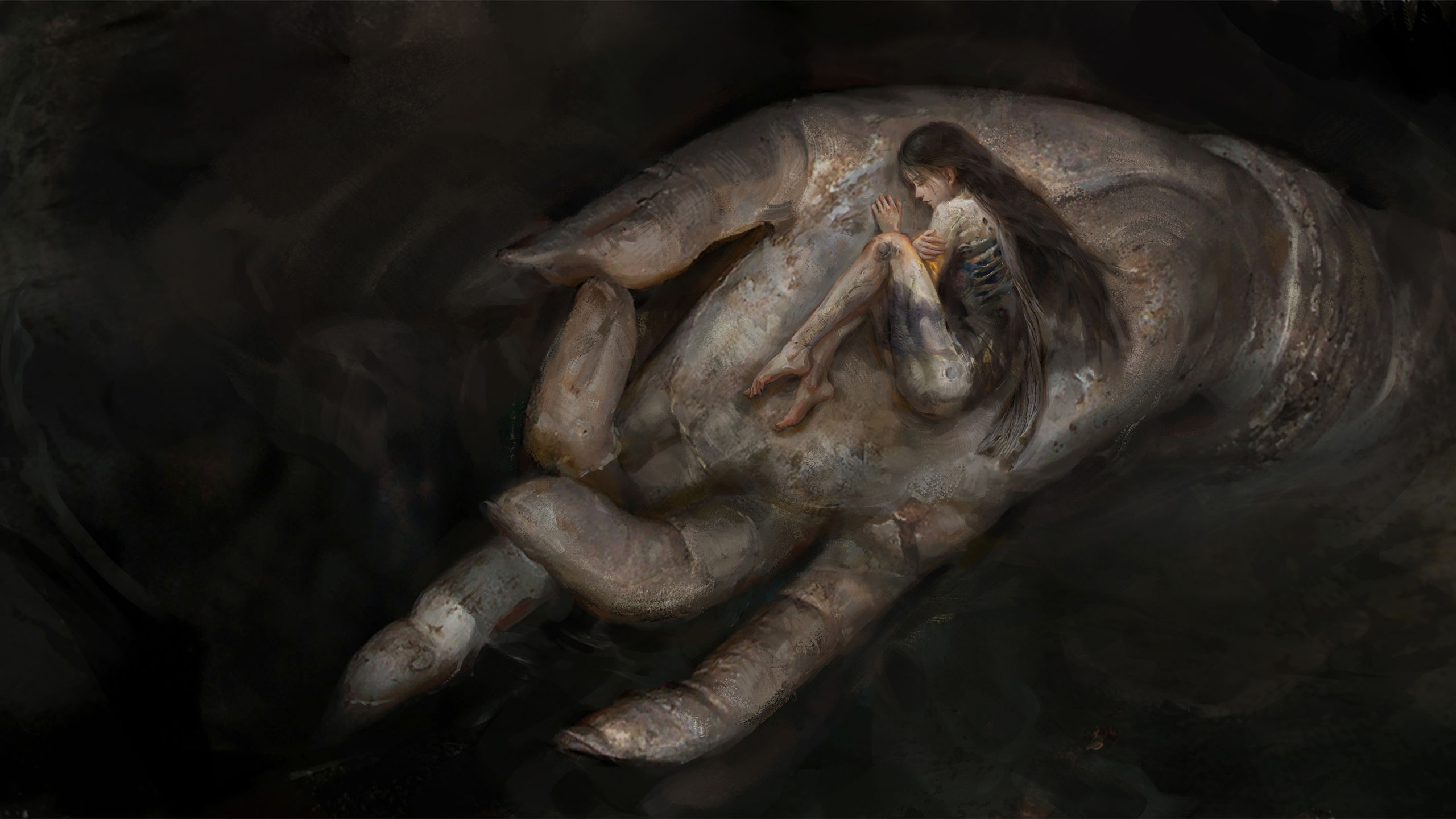 动漫,佛手,女孩,蜷缩