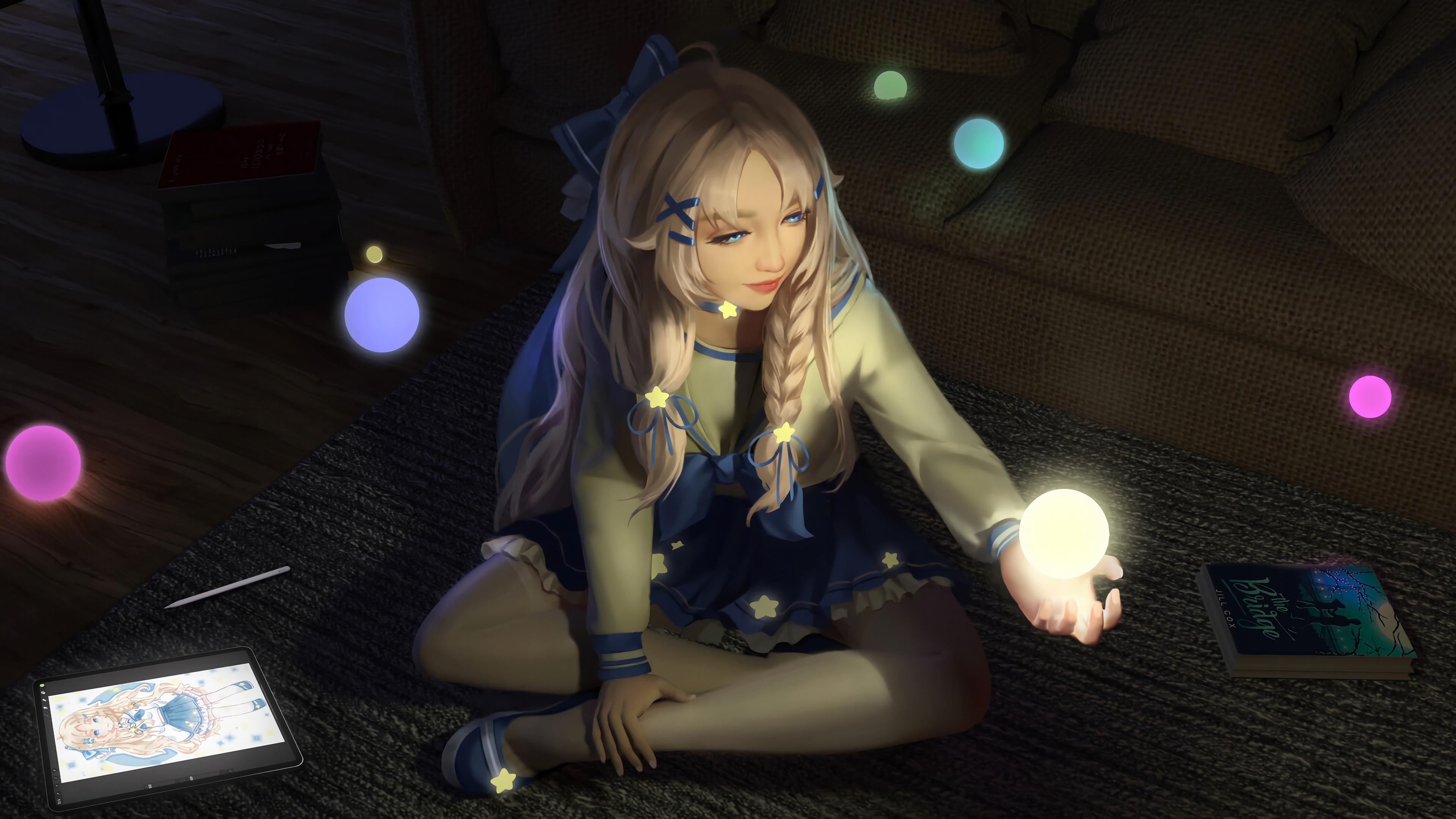 动漫,发光的球,可爱女孩,盘坐,房间,书本