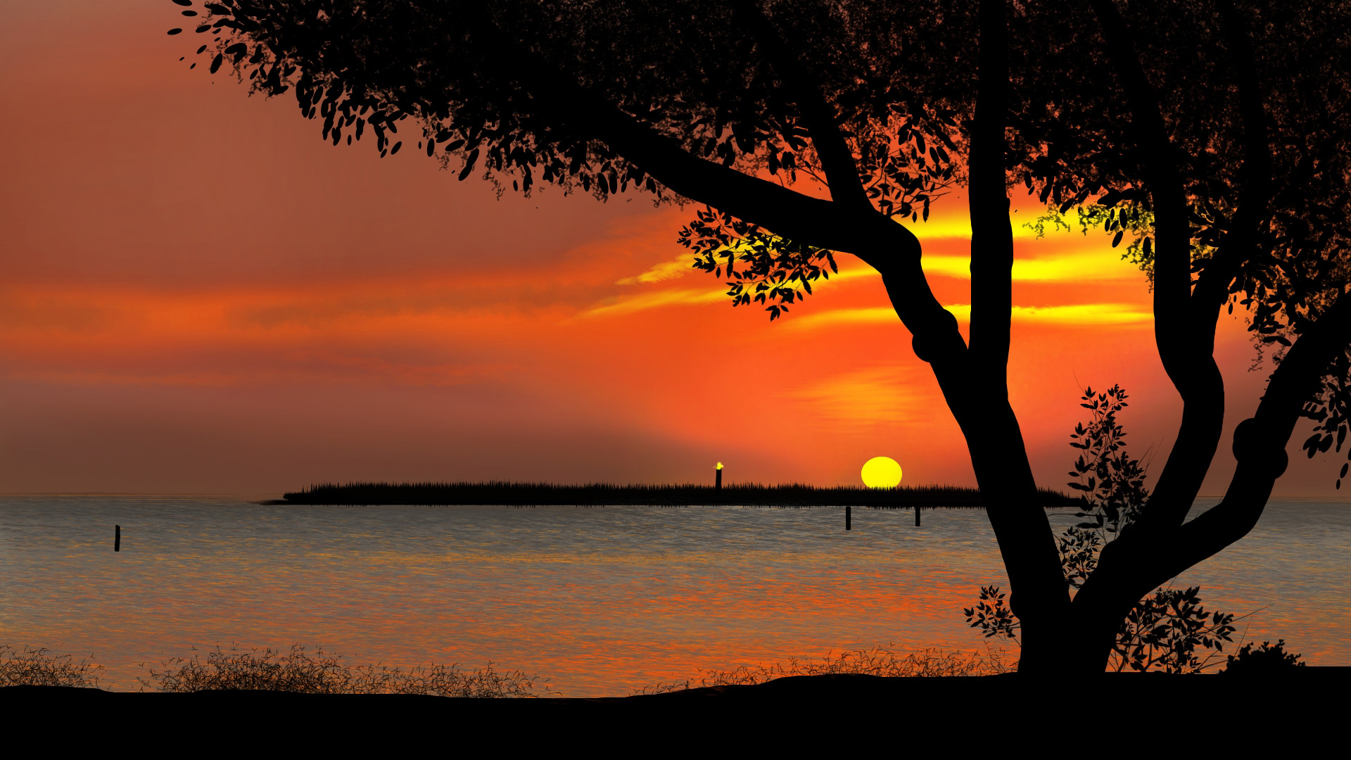 落日余晖,晚霞,湖畔树影