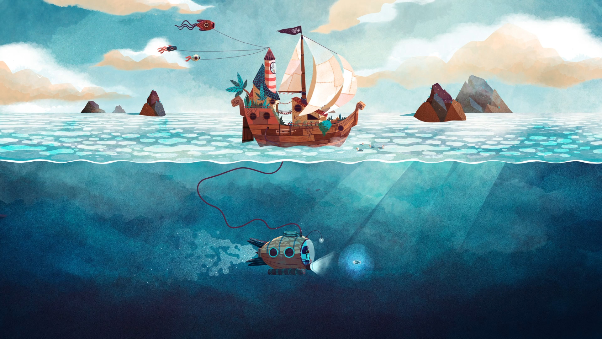 帆船,潜艇,阳光,卡通世界