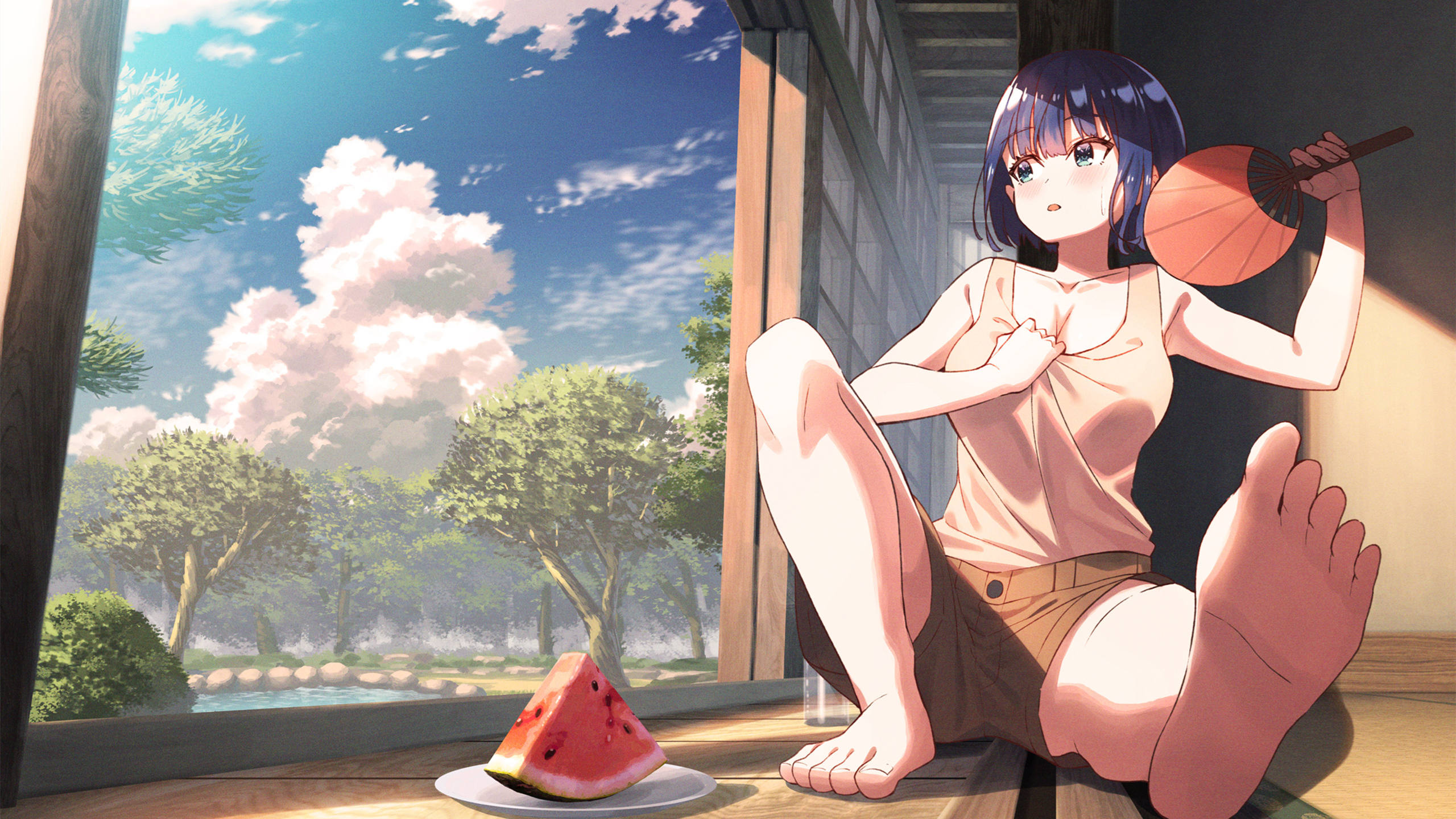 动漫,二次元,夏天,西瓜,乘凉