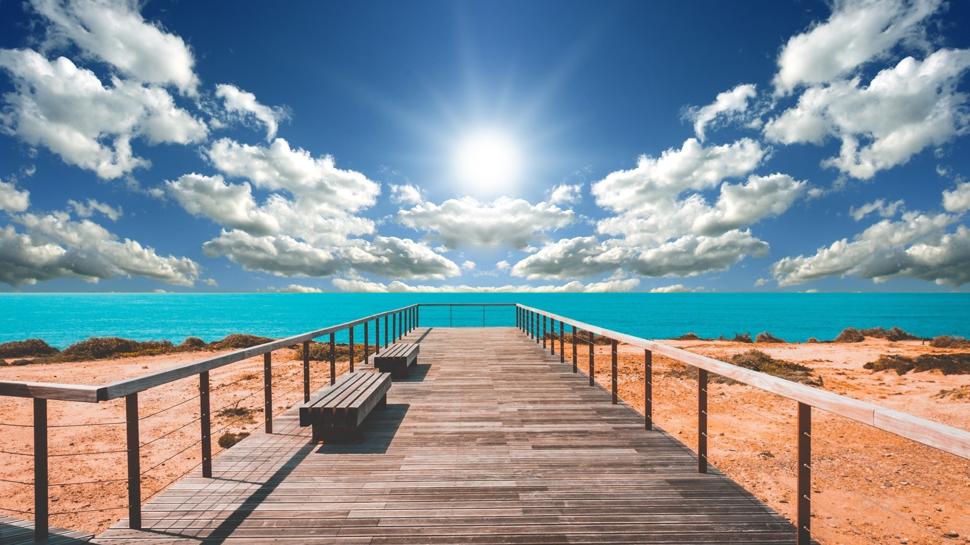 蓝天白云,蓝色天空,一望无际海洋,桥