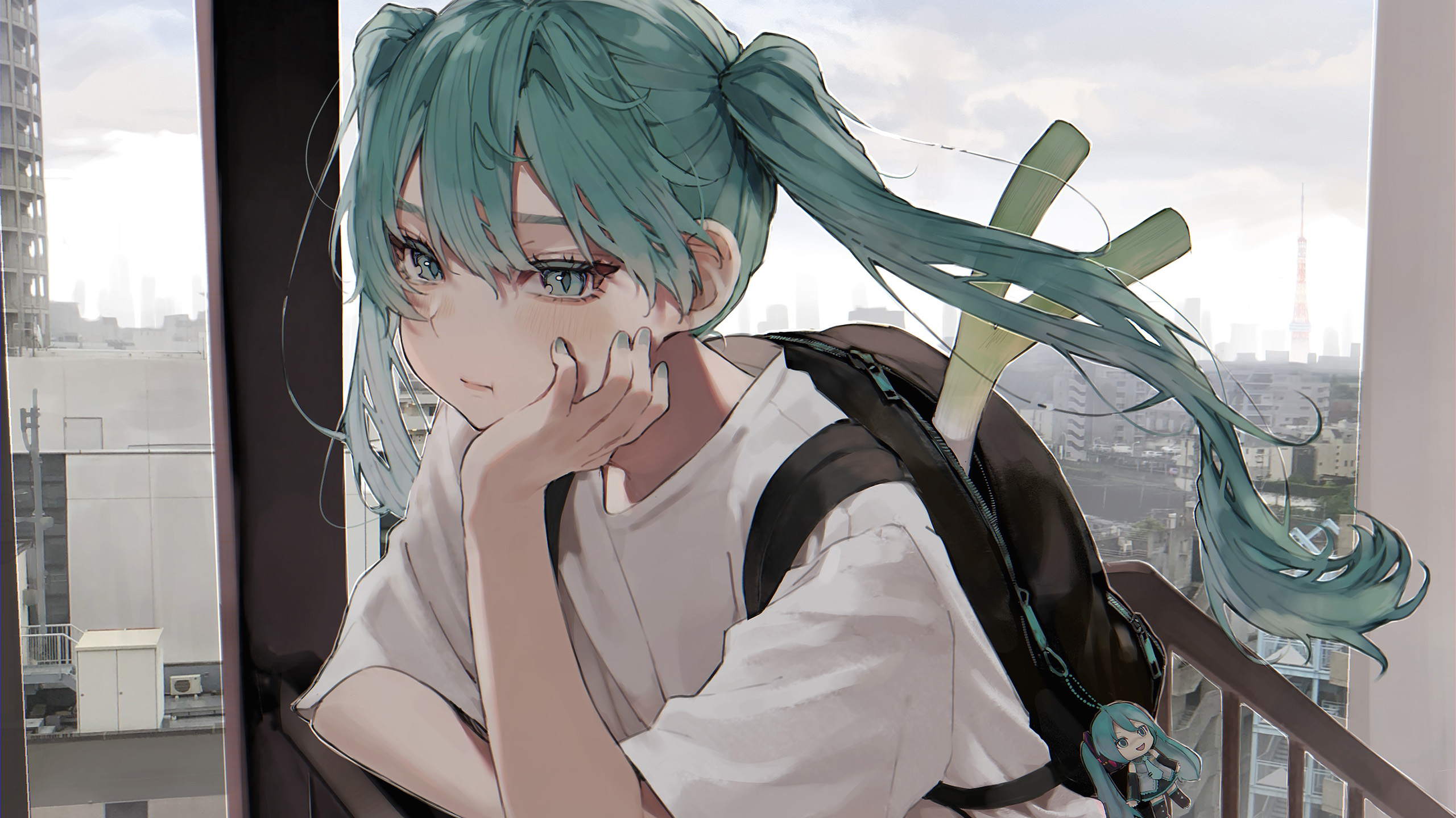 初音,托腮,楼顶,书包