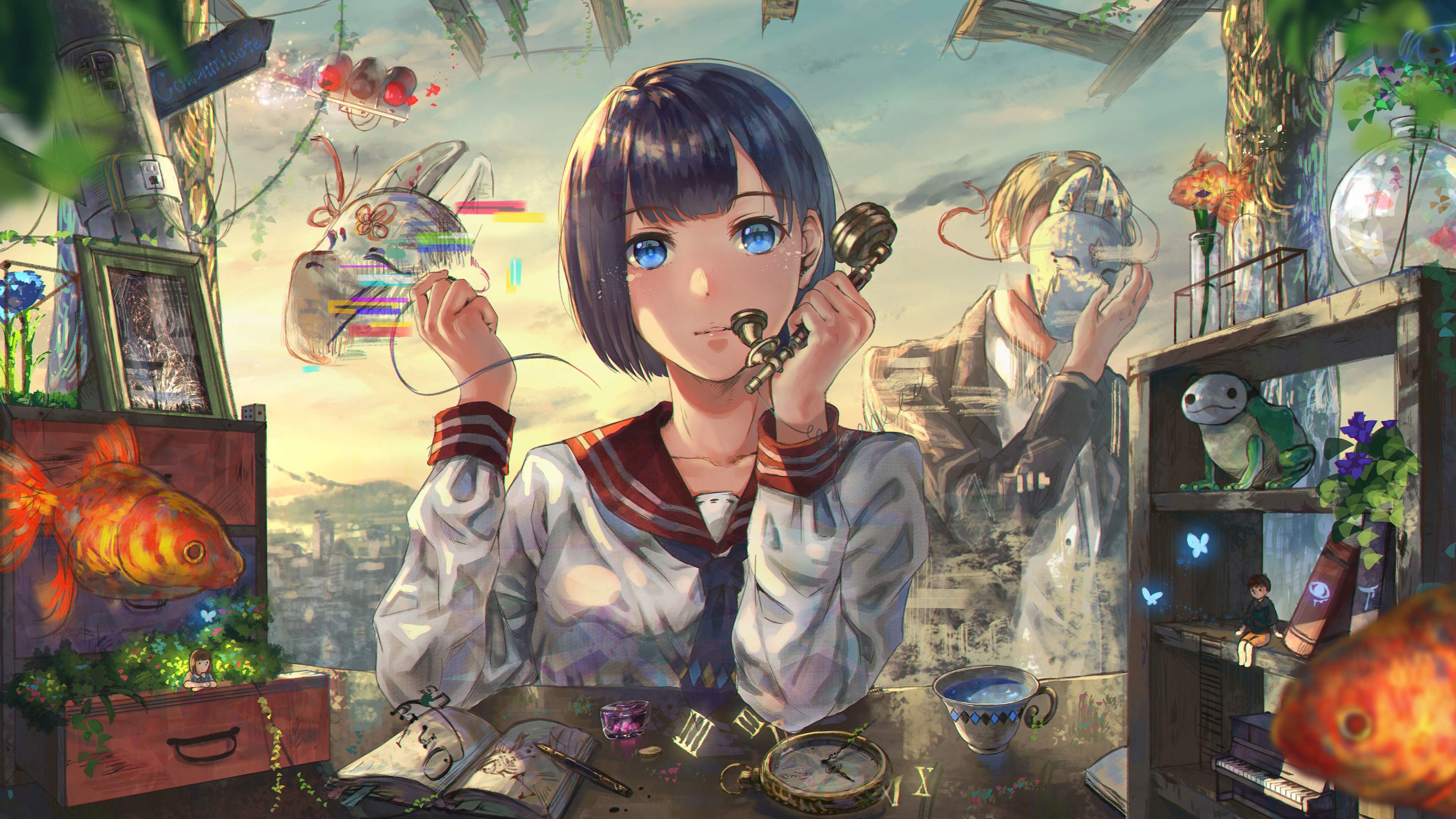 打电话,童话世界,短发女孩,金鱼