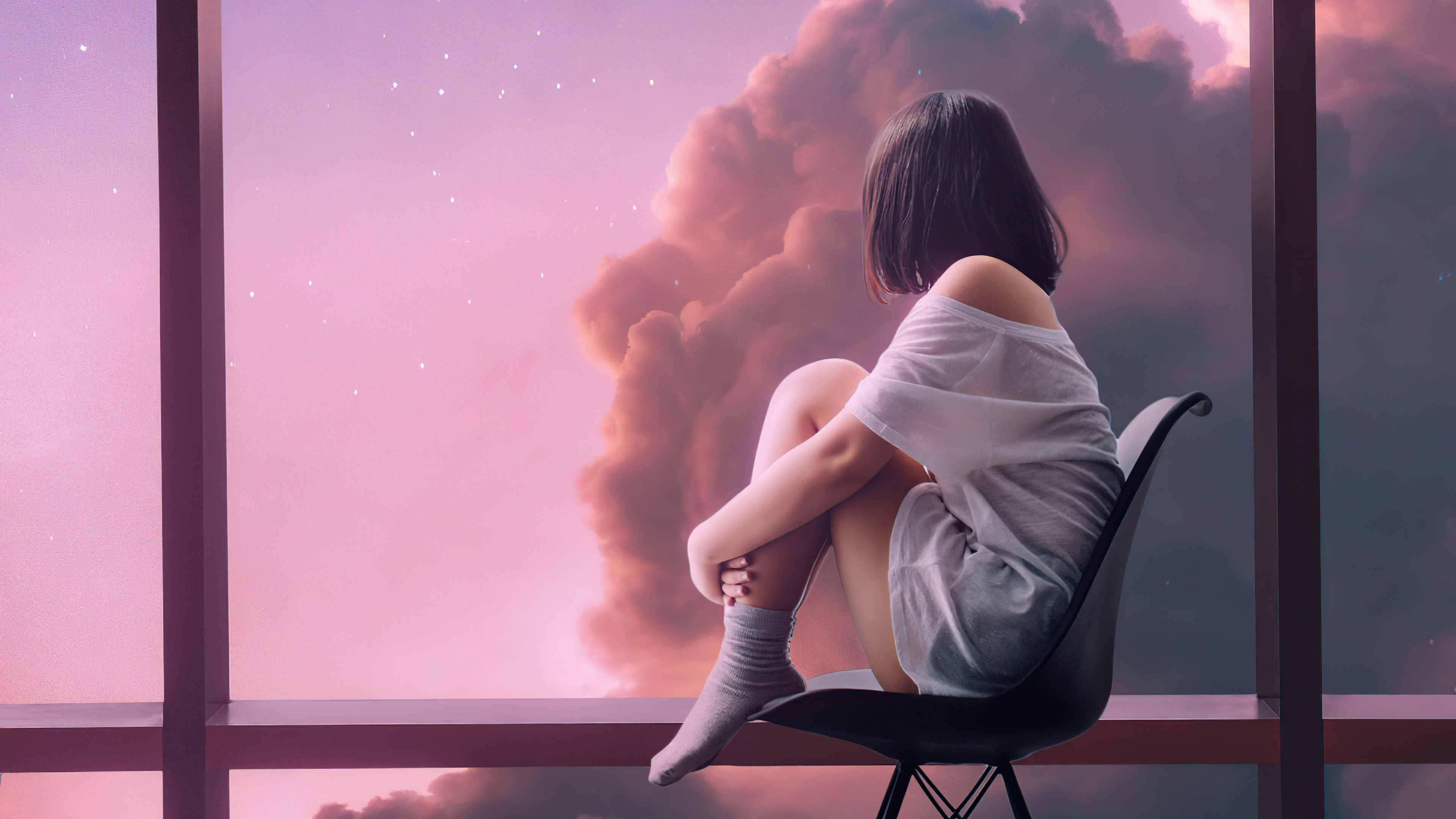 落地窗,晚霞,椅子,背影