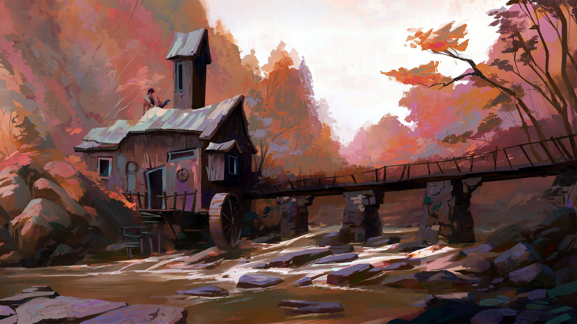 深秋的峡谷,小溪,屋顶