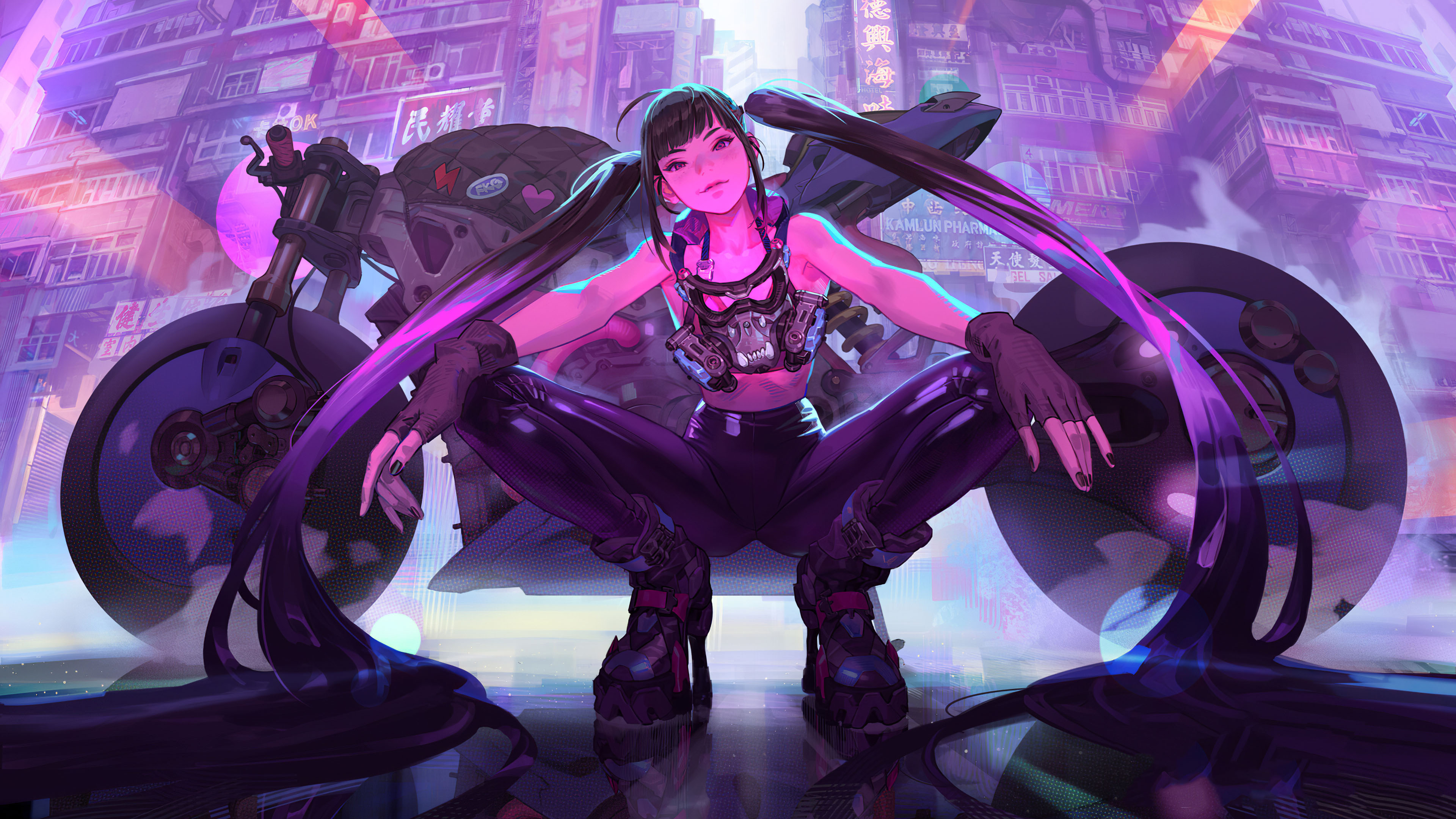 未来城市,摩托车,马尾女孩