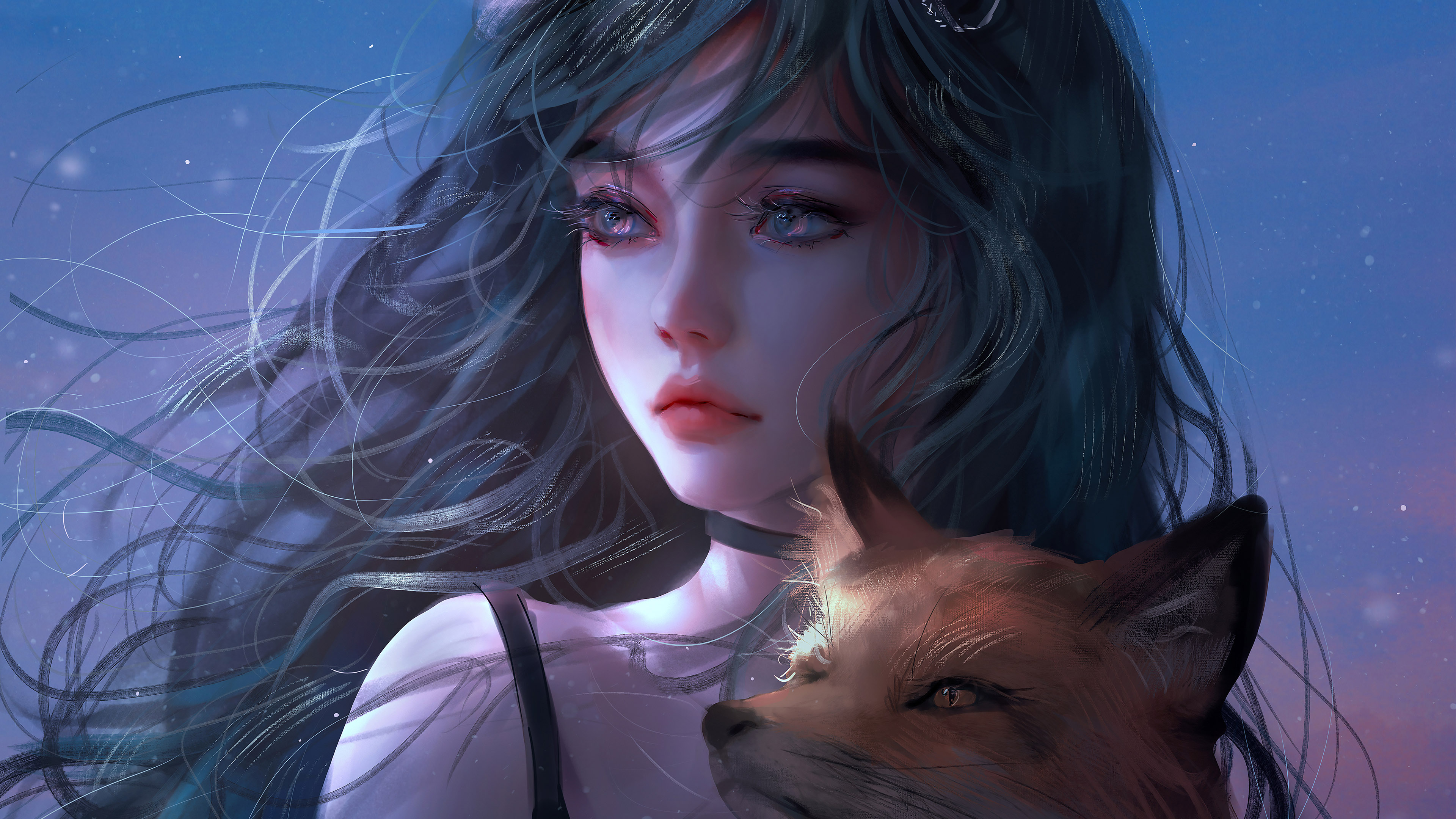 少女长发,女孩,狐狸