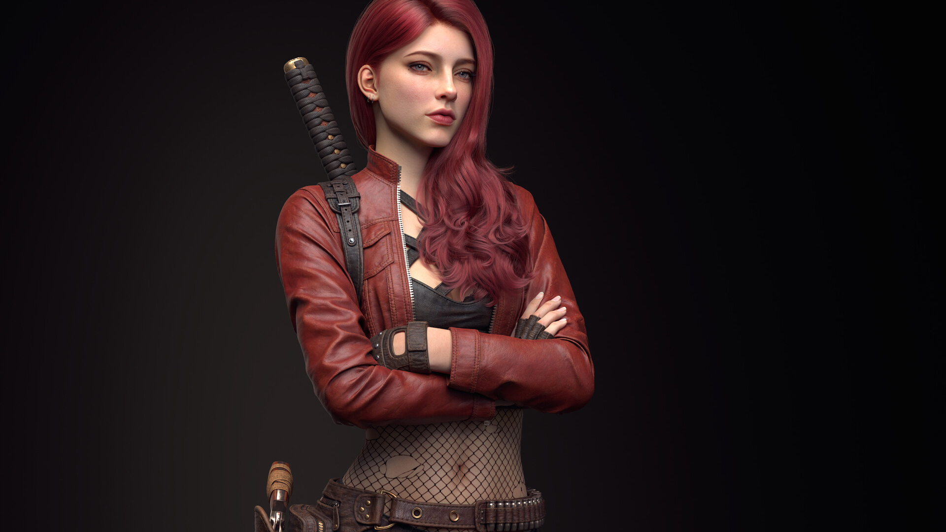 长发,小皮衣,武士刀,酷姐姐