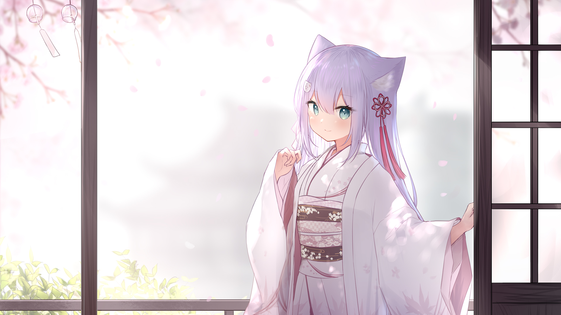 庭院,兽耳,樱花纷飞,小可爱