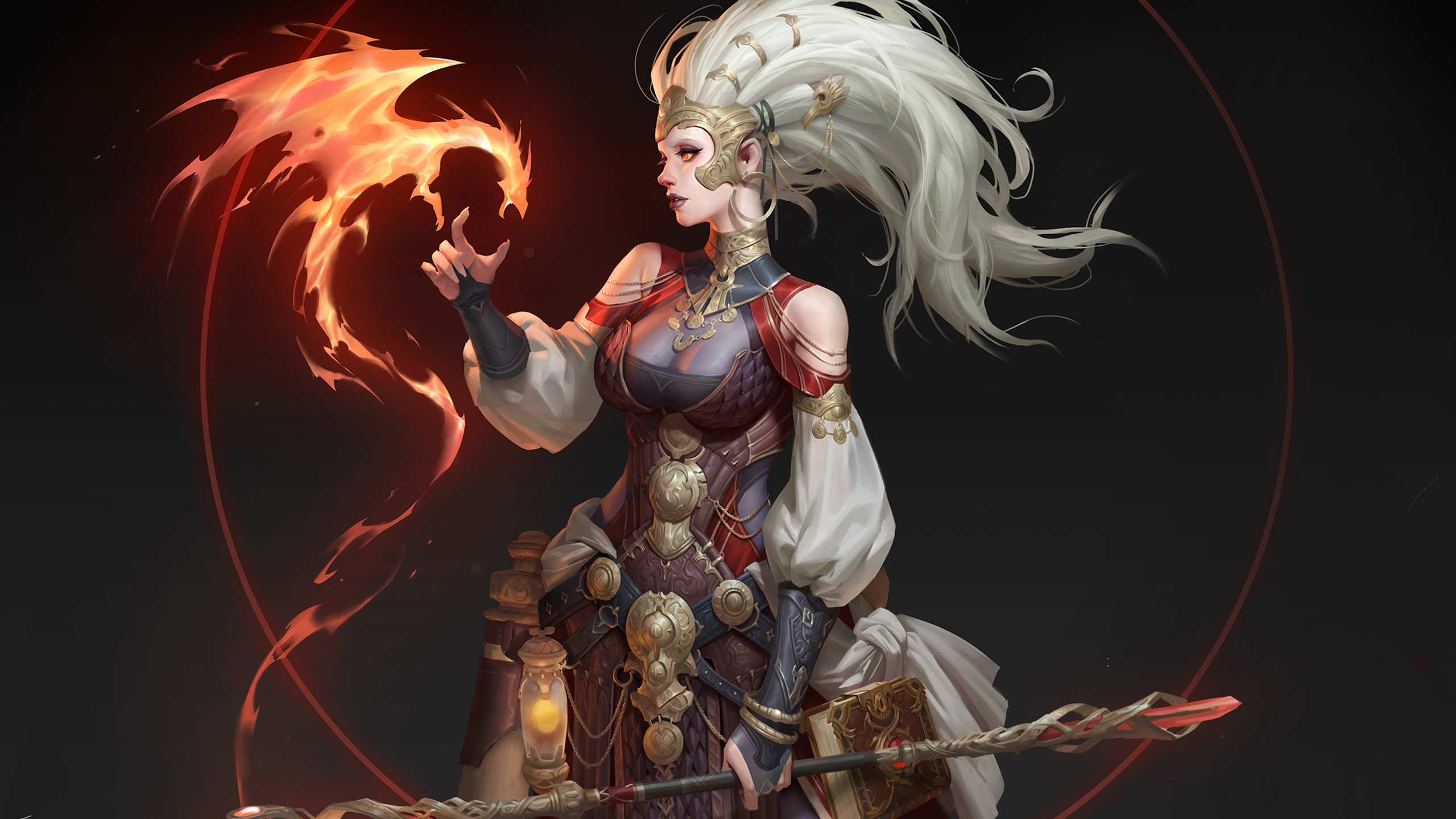 火焰魔法,女法师,法杖,白发巫师