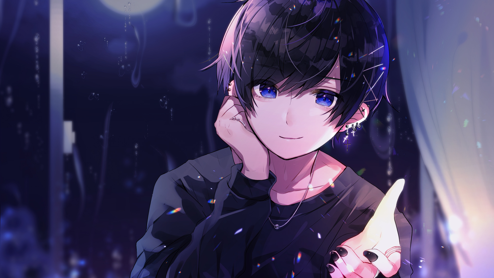 伸手,短发女孩,项链,一排耳环