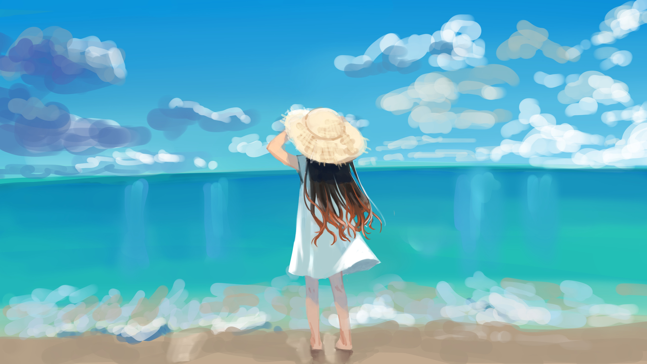 夏天沙滩,草帽,海浪,云朵