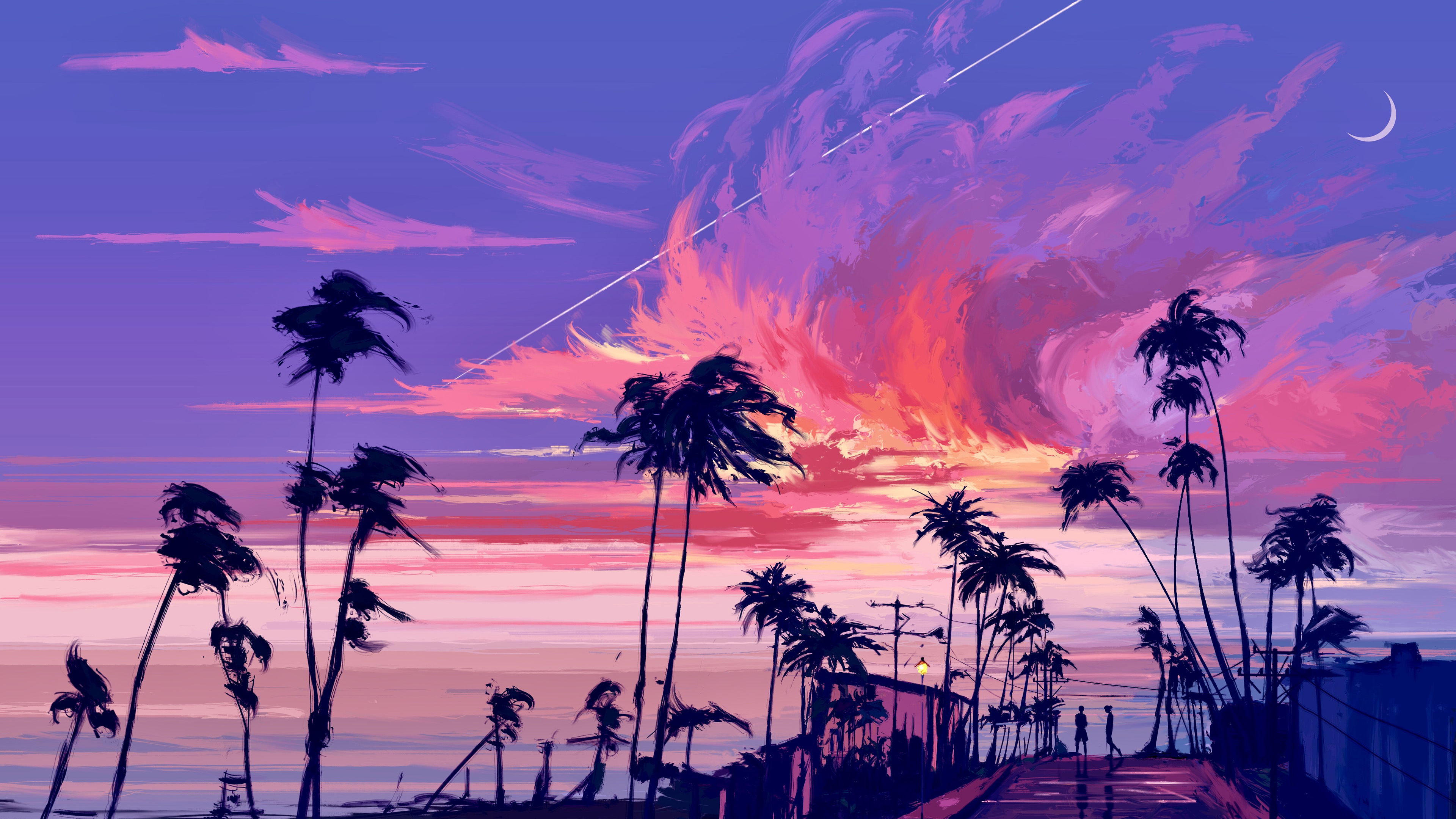 下玄月,椰树,海天,晚霞,红霞