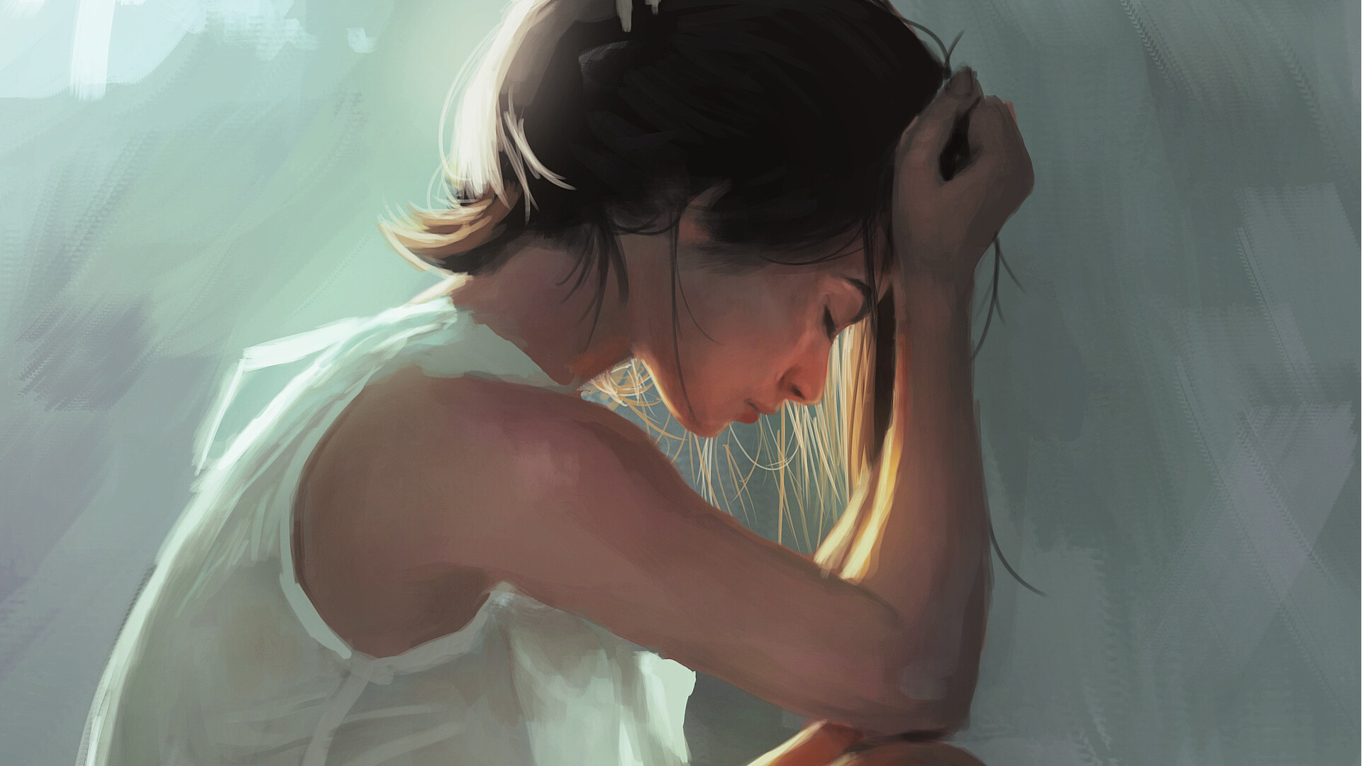 油画,沉思的女孩,烦恼