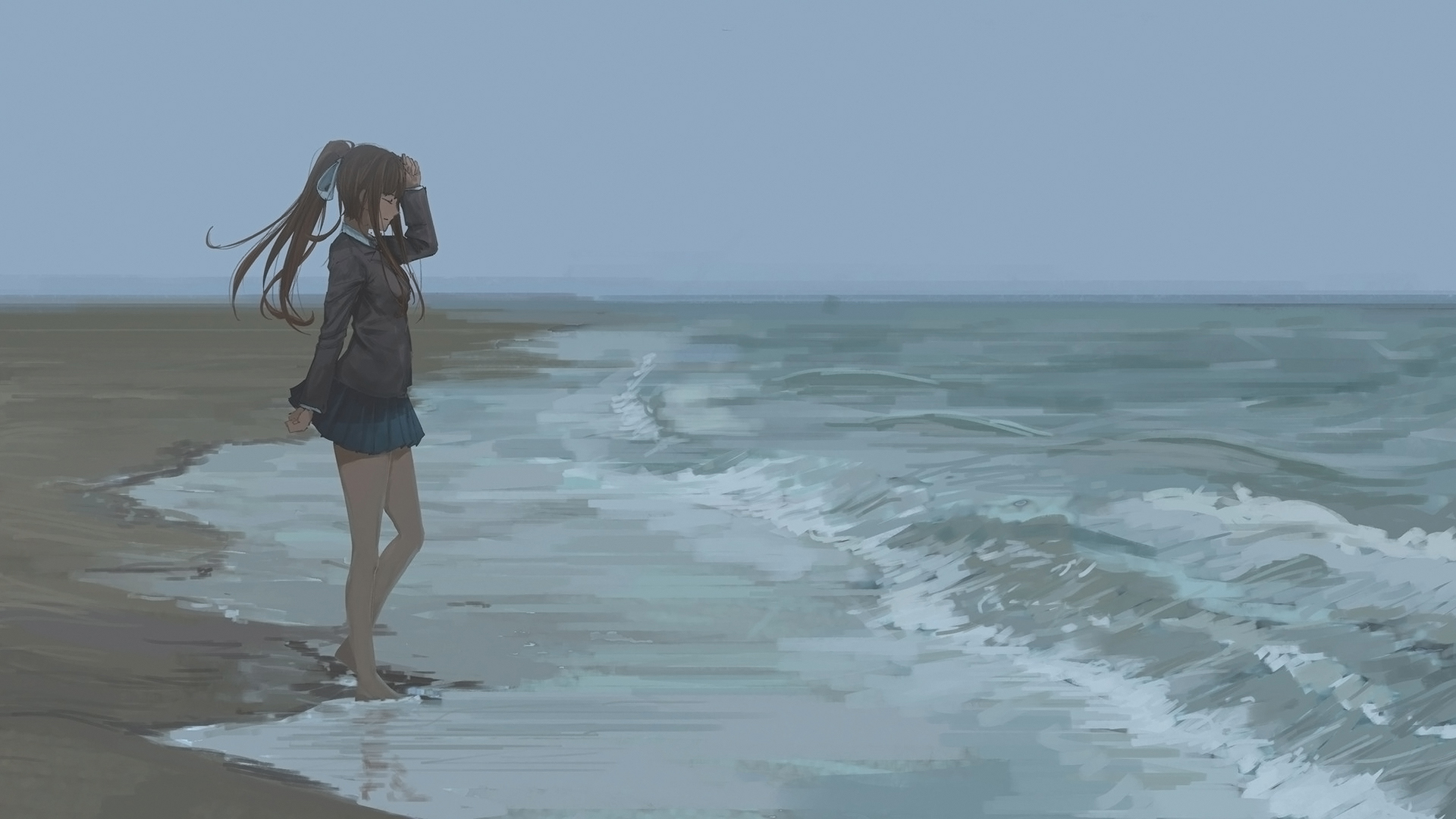 海浪,沙滩,长发女孩,油画