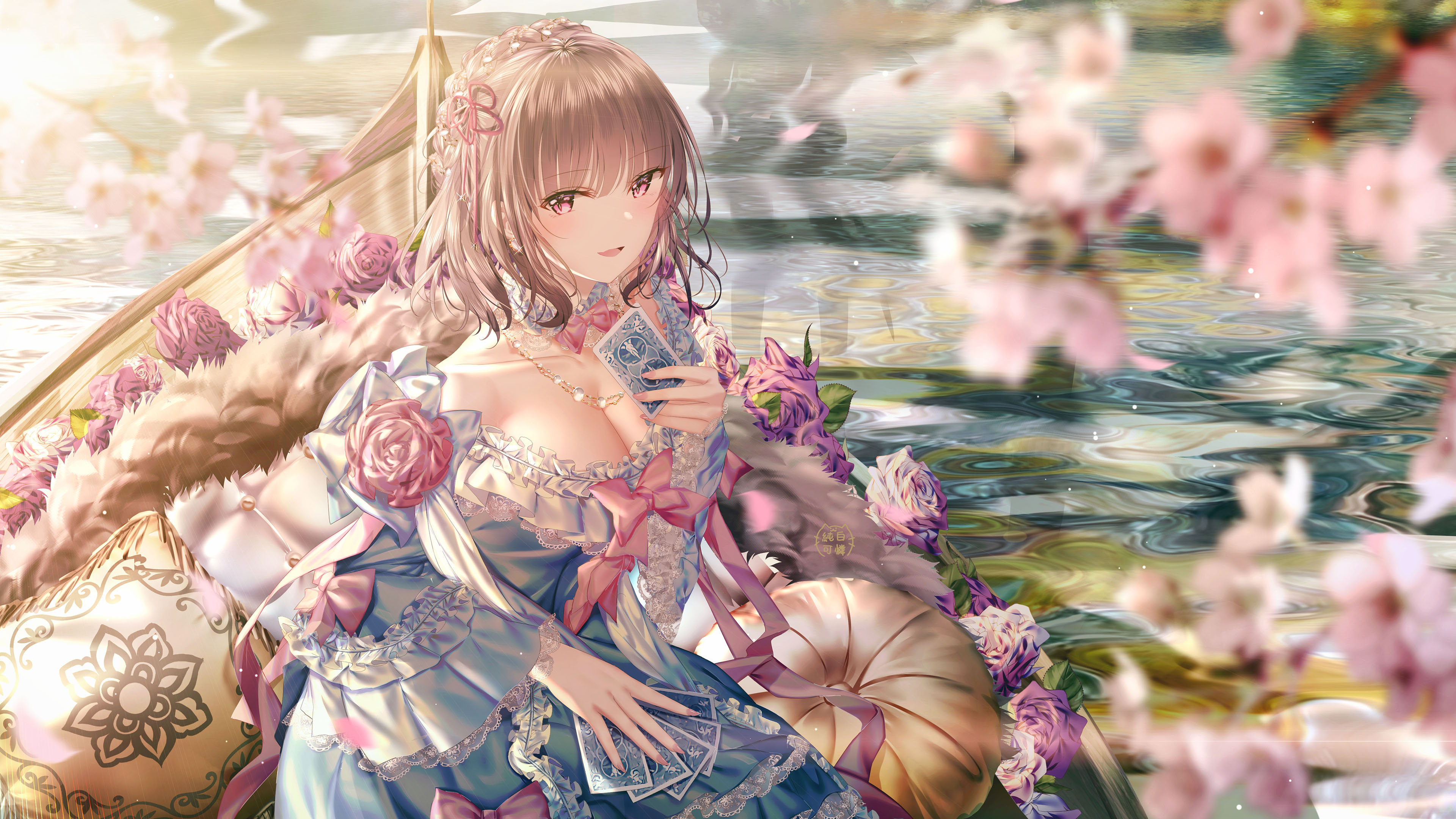 扑克,木船,桃花,豪华小舟