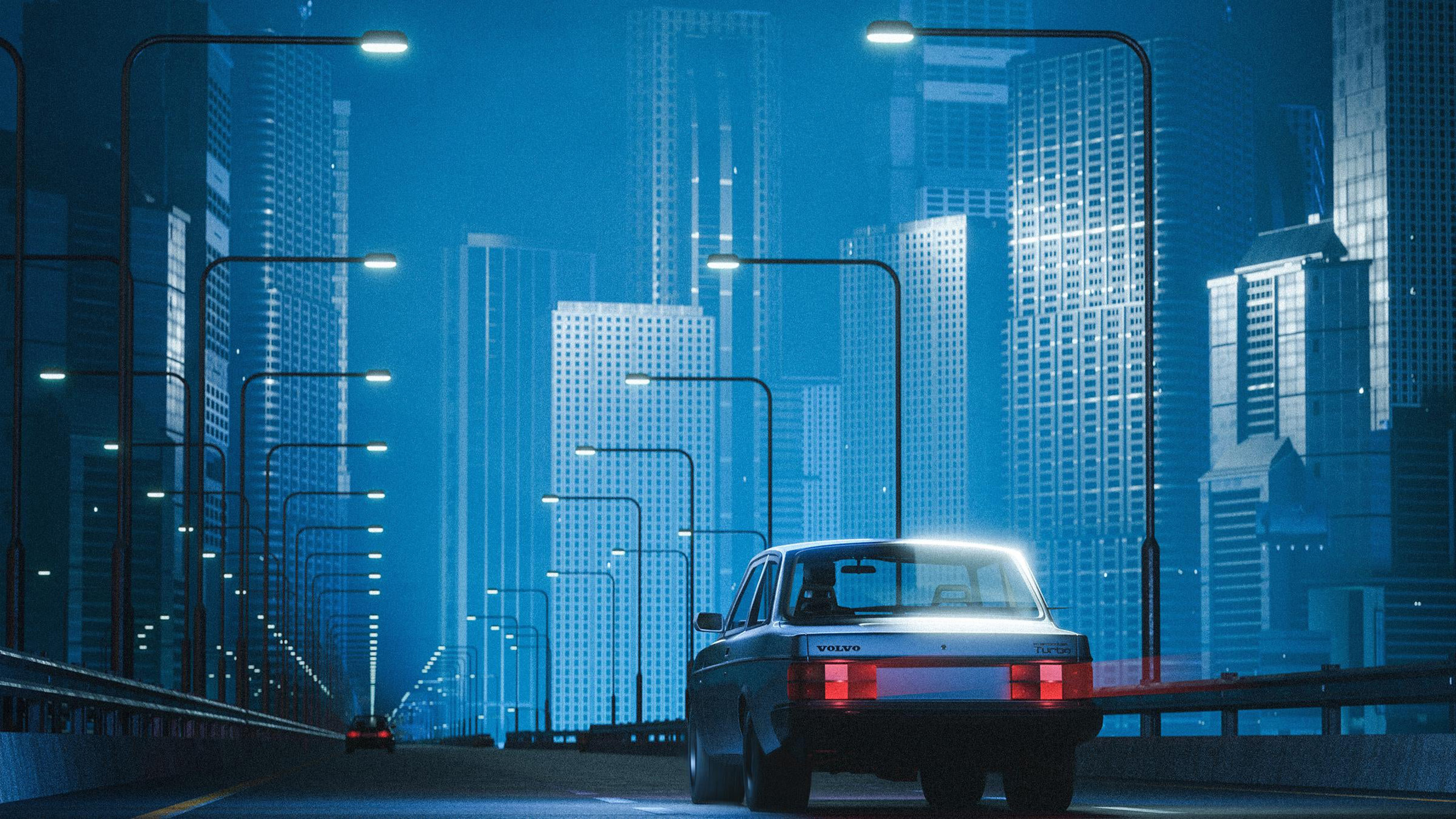 沃尔沃,城市夜晚,路灯,汽车