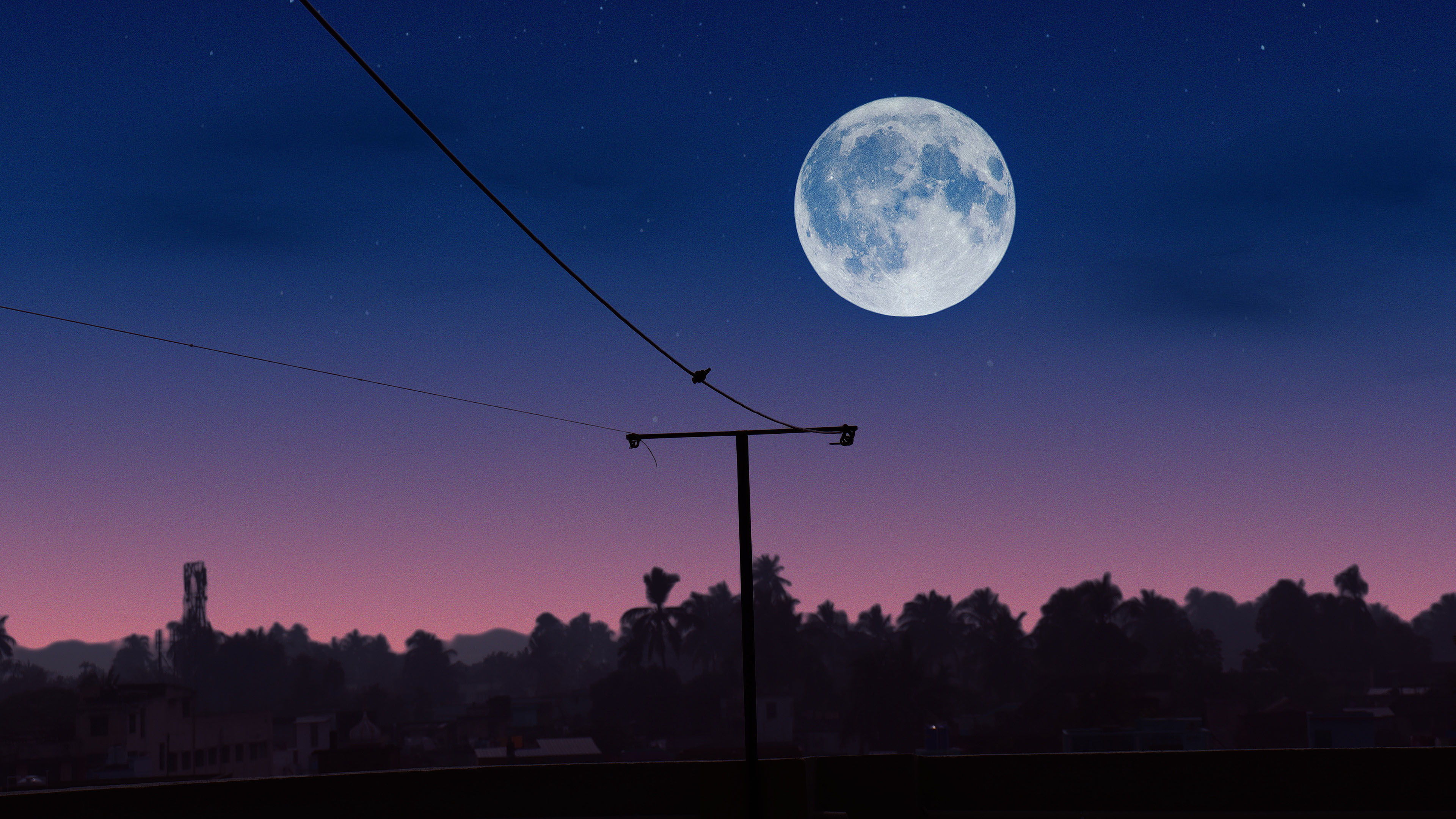 奇幻梦境,圆月,电线杆