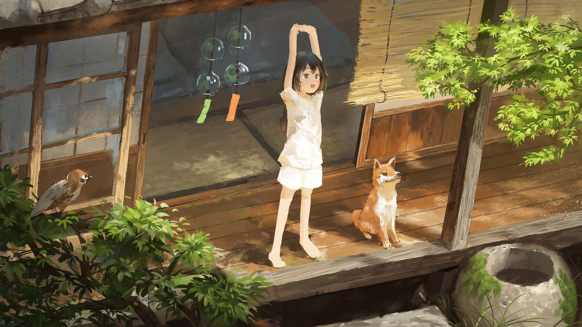 庭院,风铃,小黄,伸懒腰