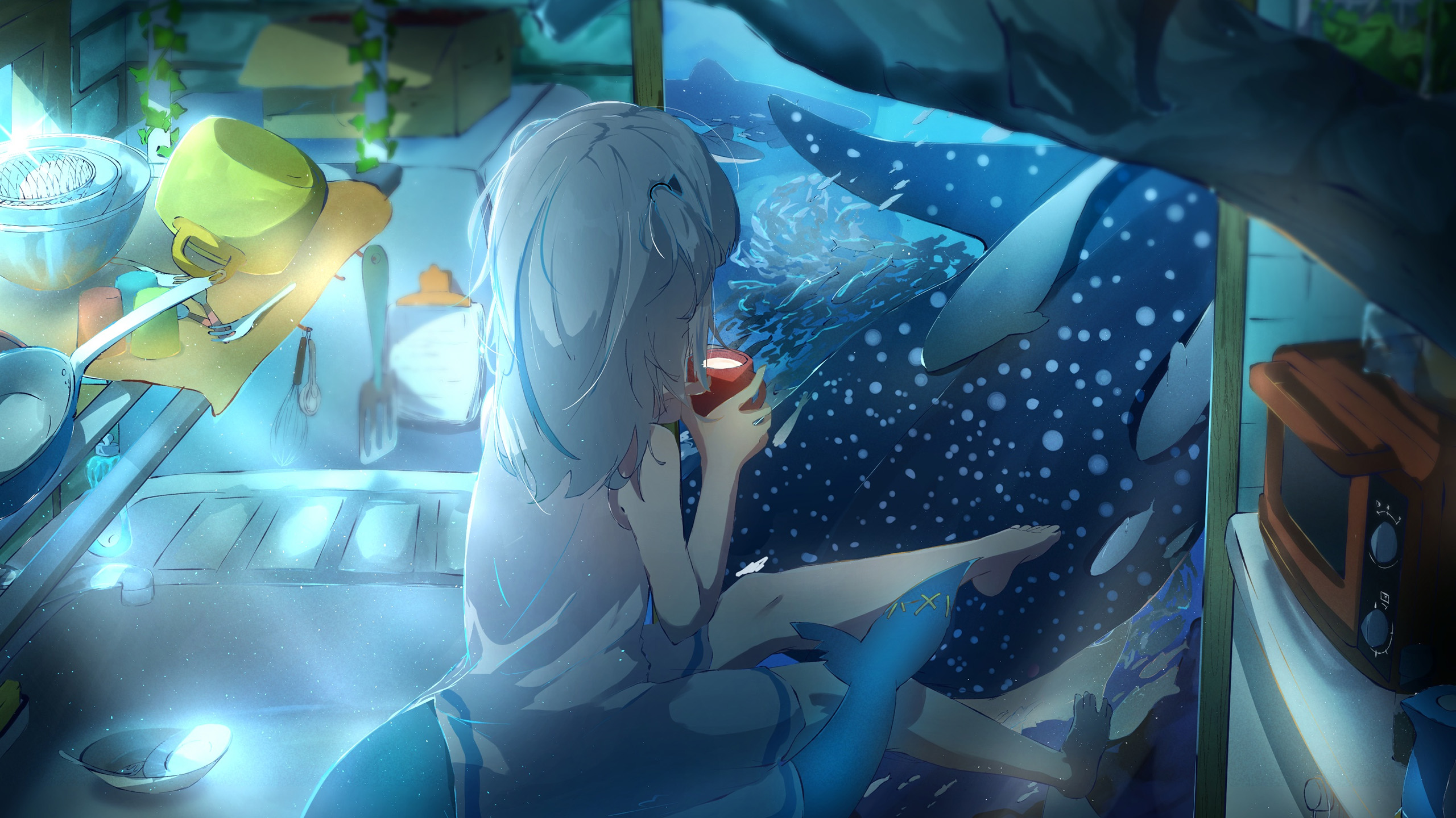 人鱼女孩,电视机,海边小屋