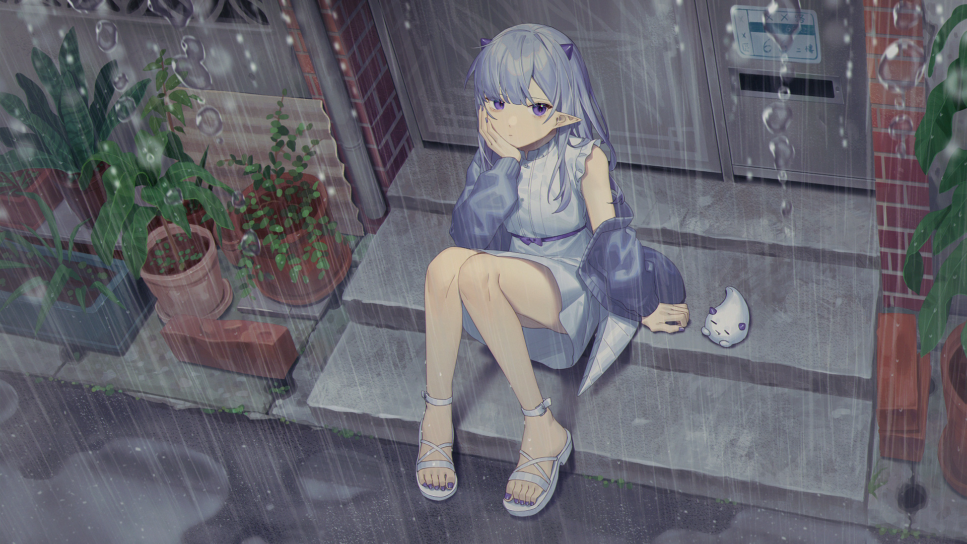 下雨天,屋檐下,台阶,精灵