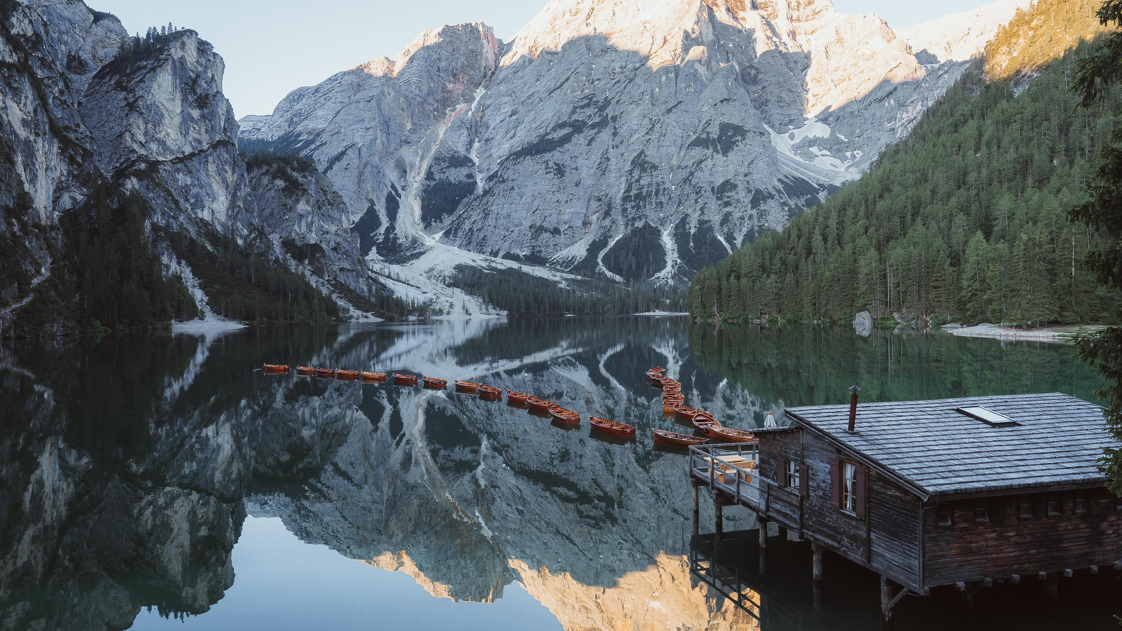 自然风光,小屋,雪山,小船,世外仙境