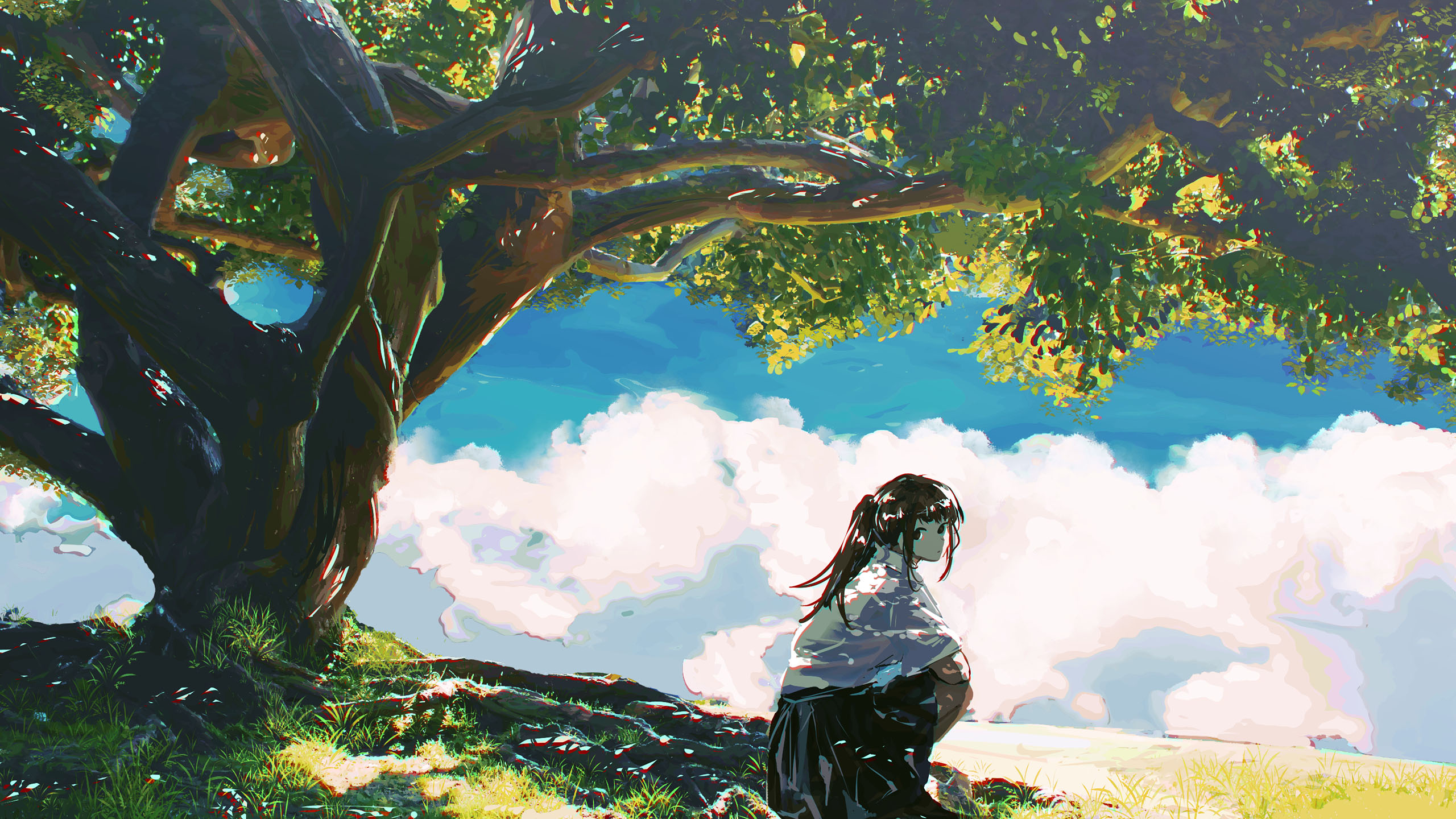 树荫下,白云,长发女孩