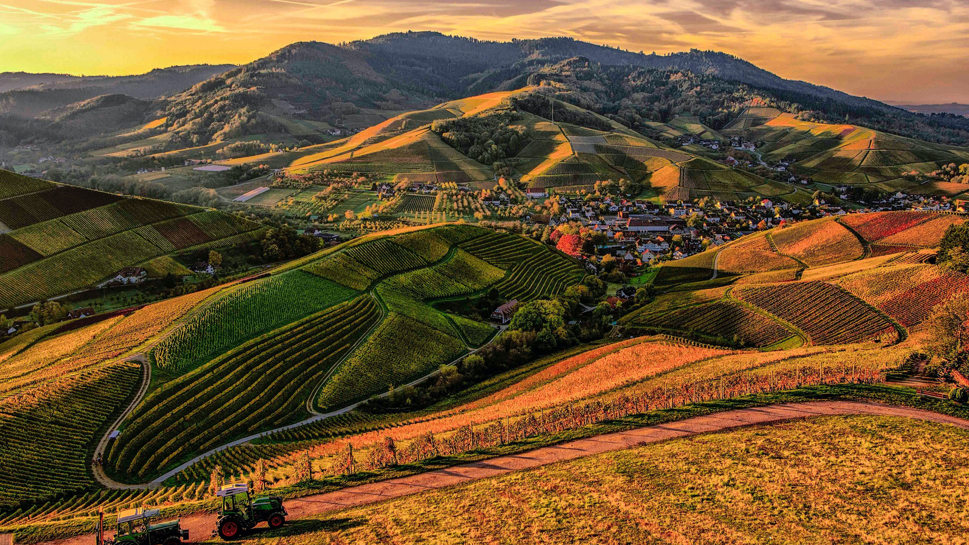 秋意正浓,黄昏,丘陵的村庄