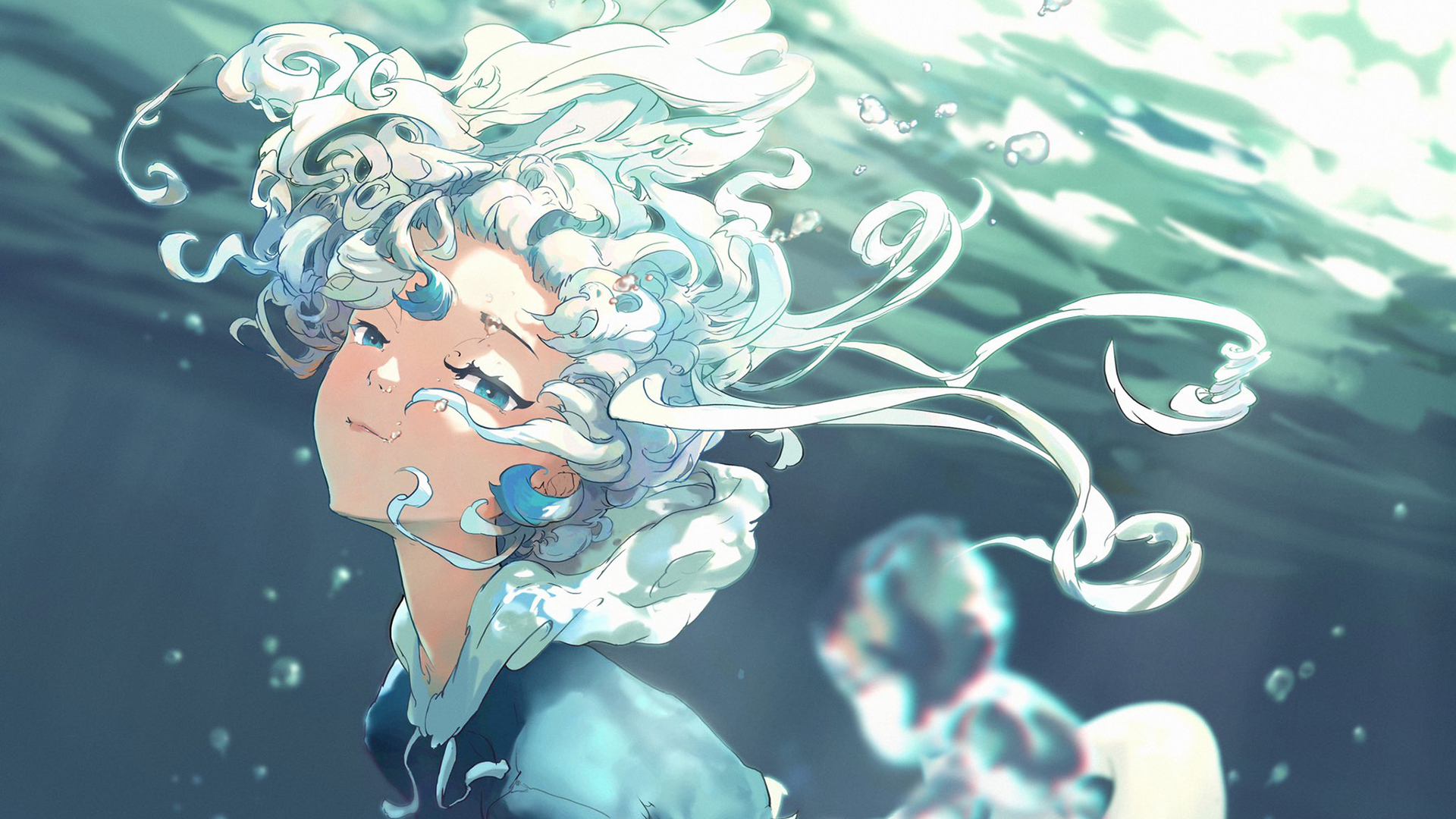 水下女孩,卷发飘飘,气泡,美丽