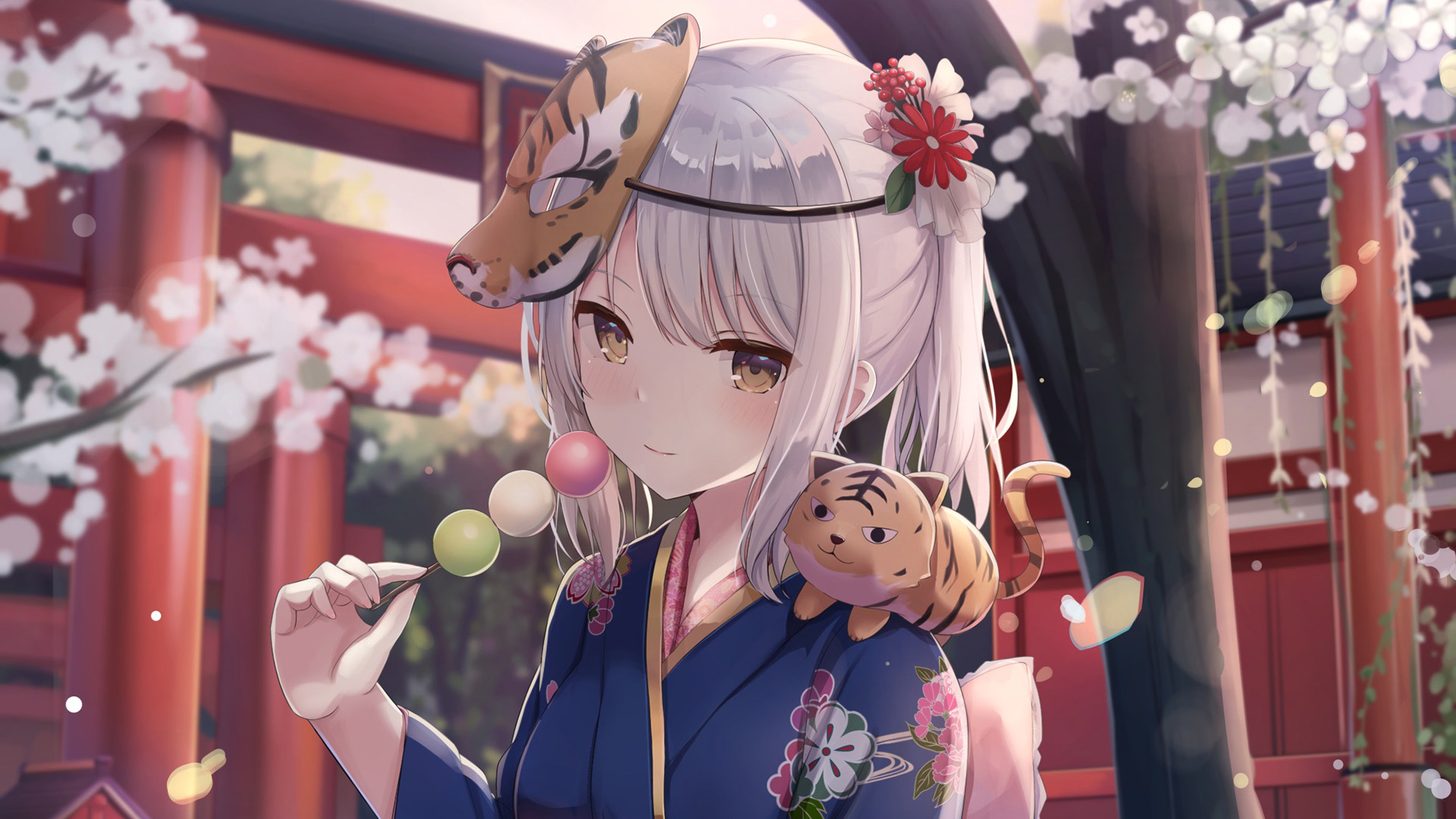 老虎面具,小老虎,新年,樱花,糖葫芦