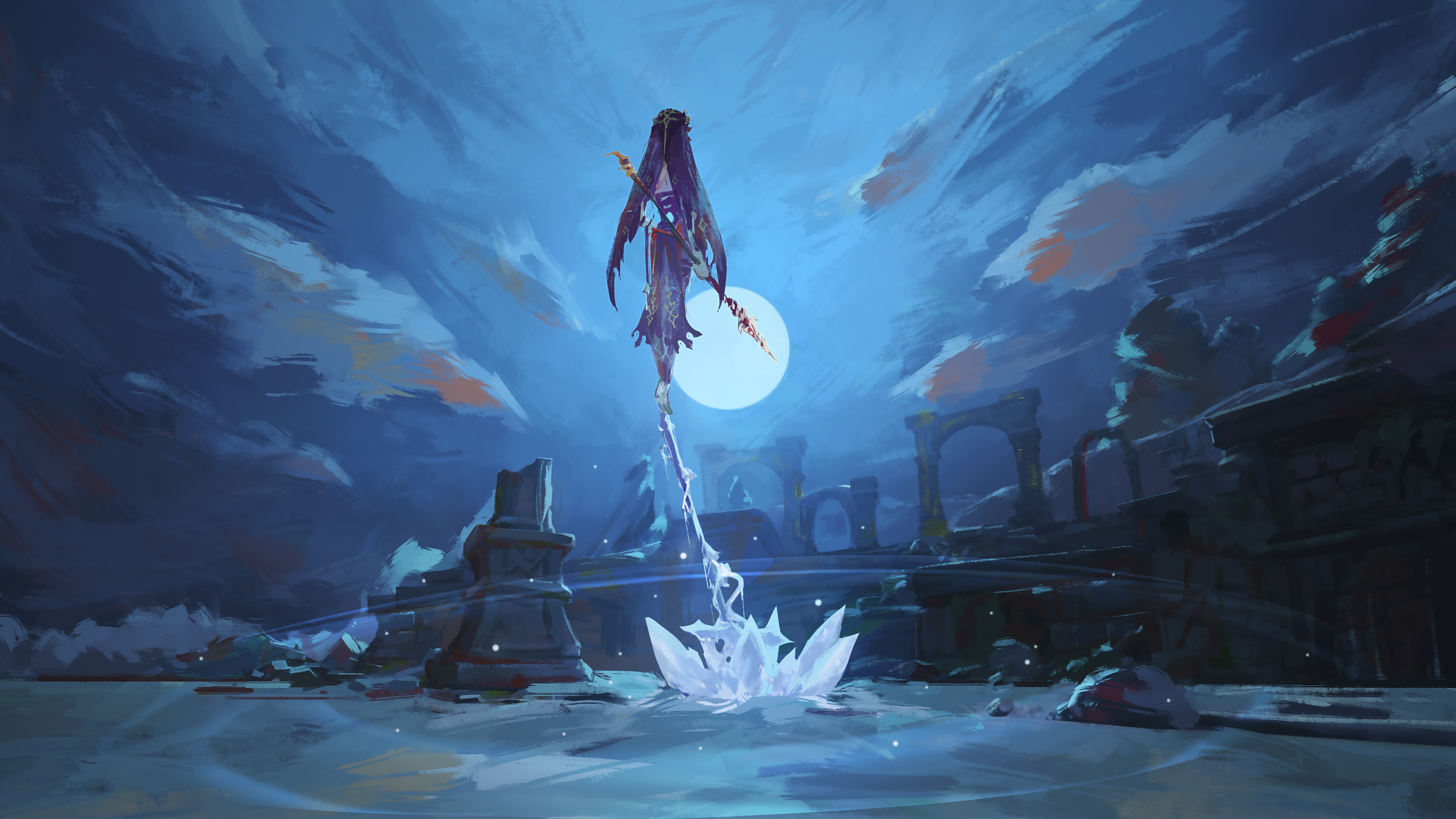 满月,长发女孩,冰,云彩