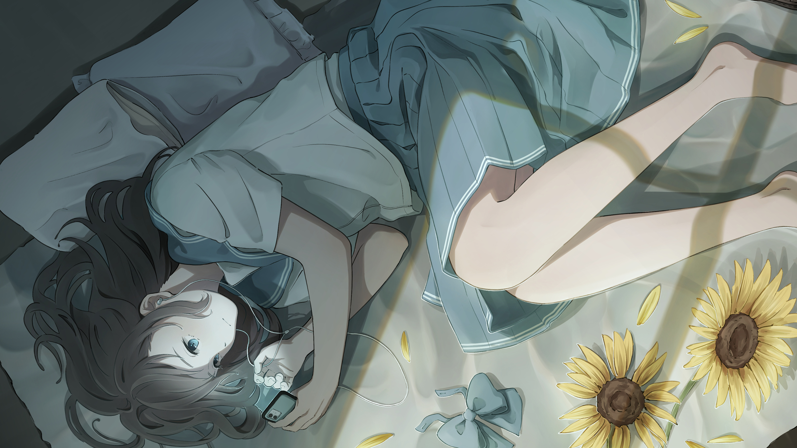 玩手机,向日葵,蝴蝶结