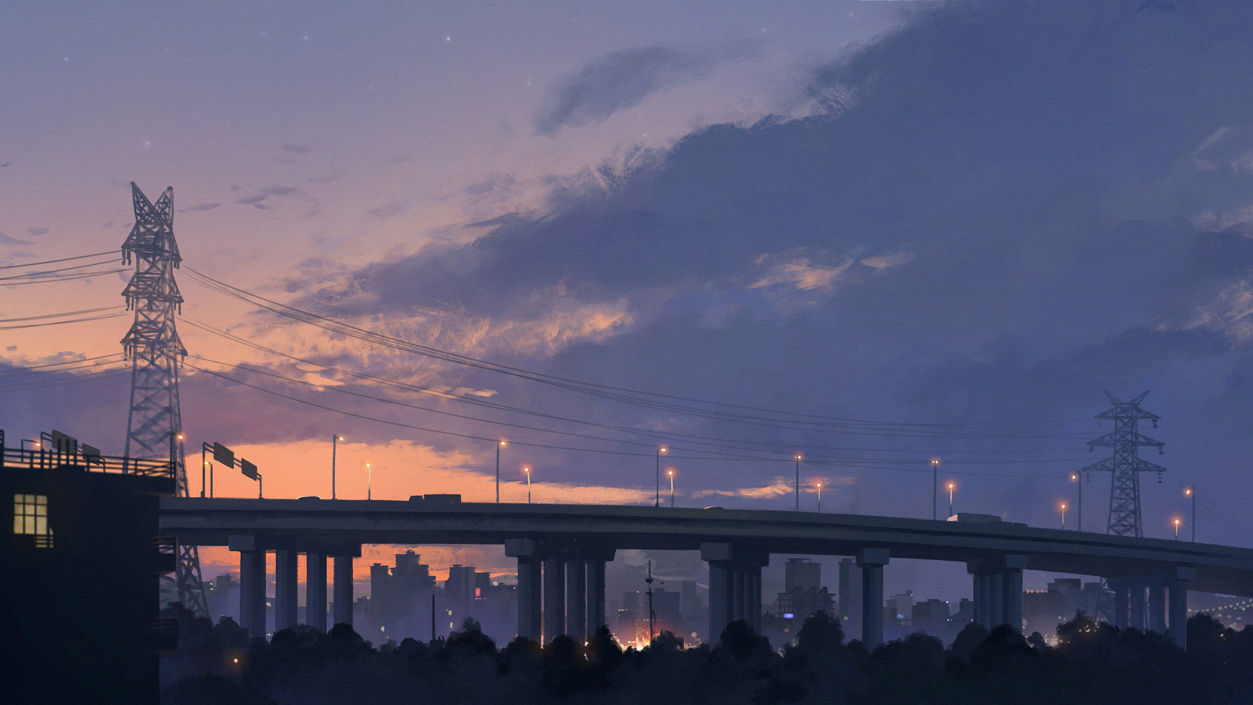 城市夜景,晚霞,高架桥,输电线