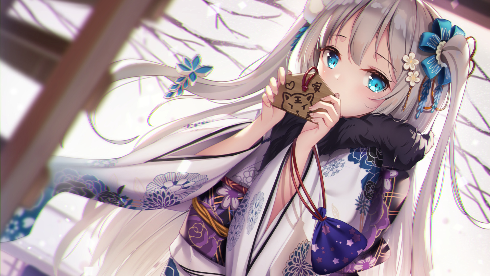 白发女孩,虎年,木牌