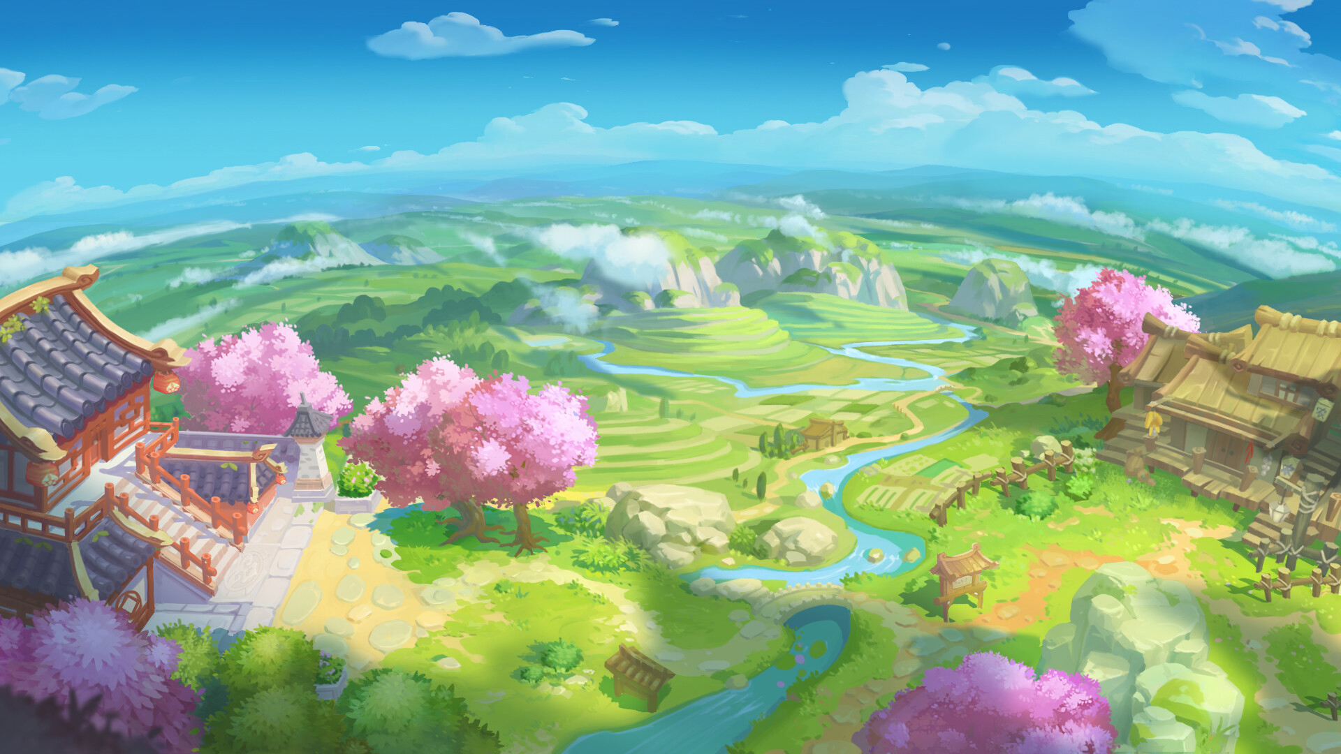 寺庙,桃花,山川