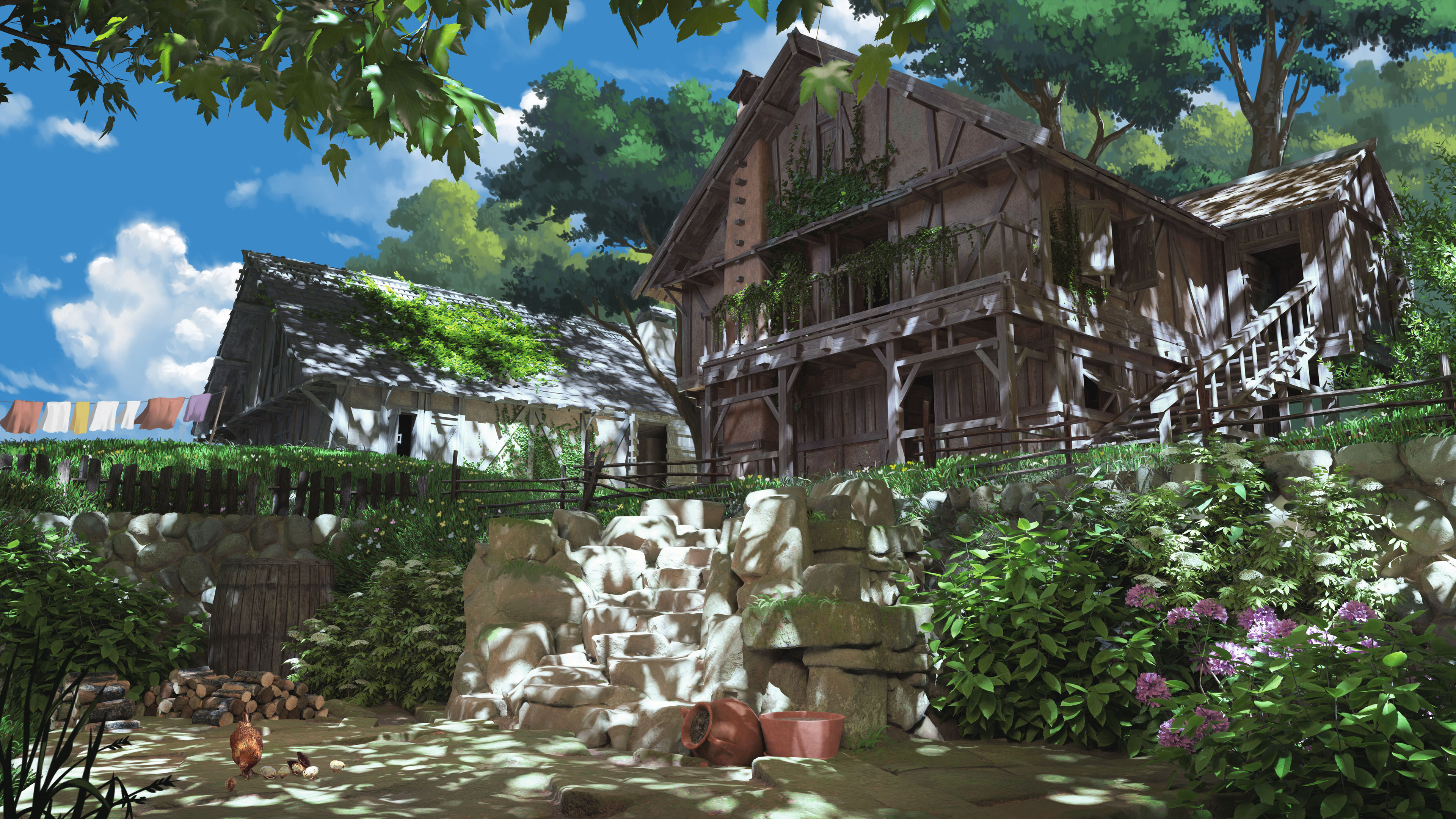 乡下,盛夏,温馨小屋,晾衣服