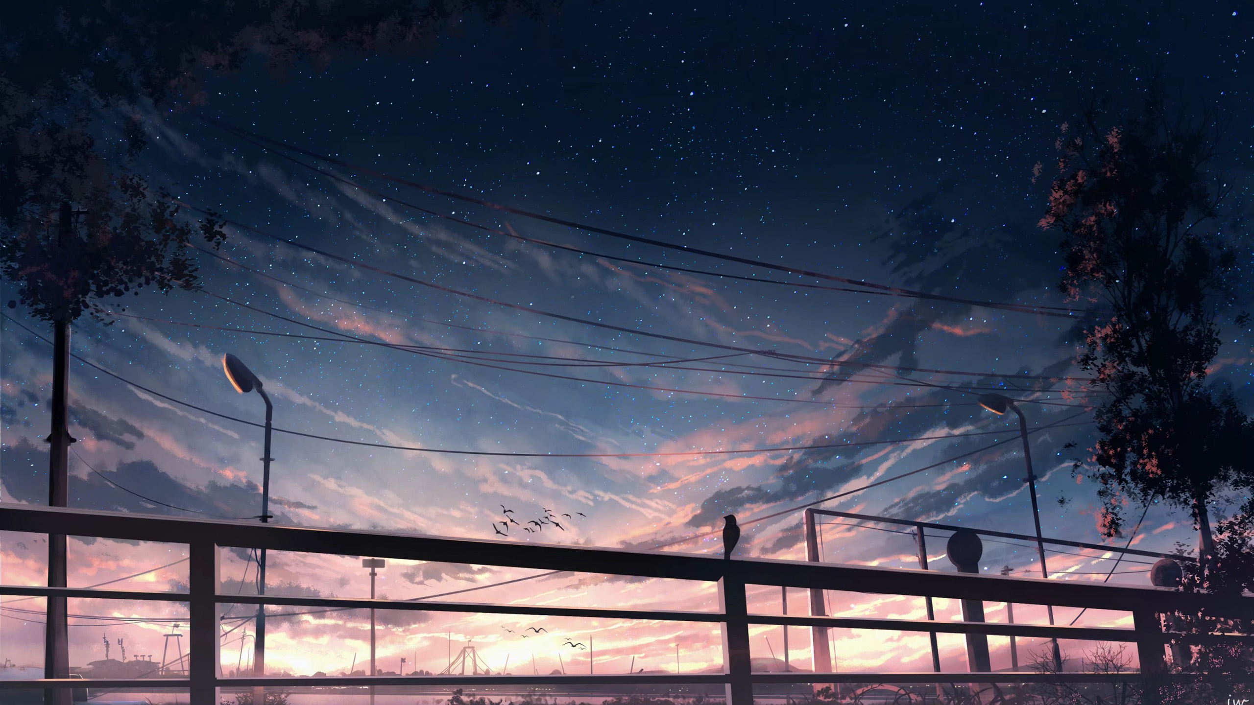 晚霞,街道,路灯,云朵