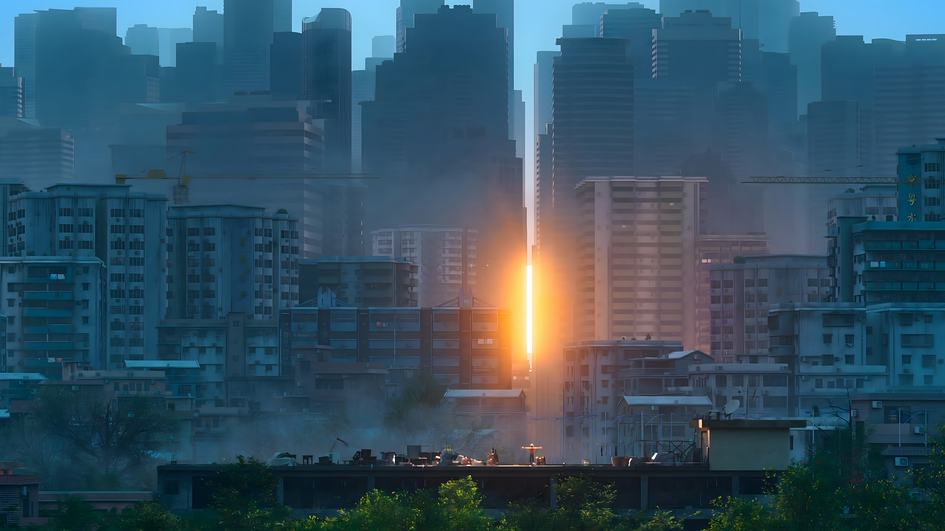 日出,城市,一线天,天台,建筑