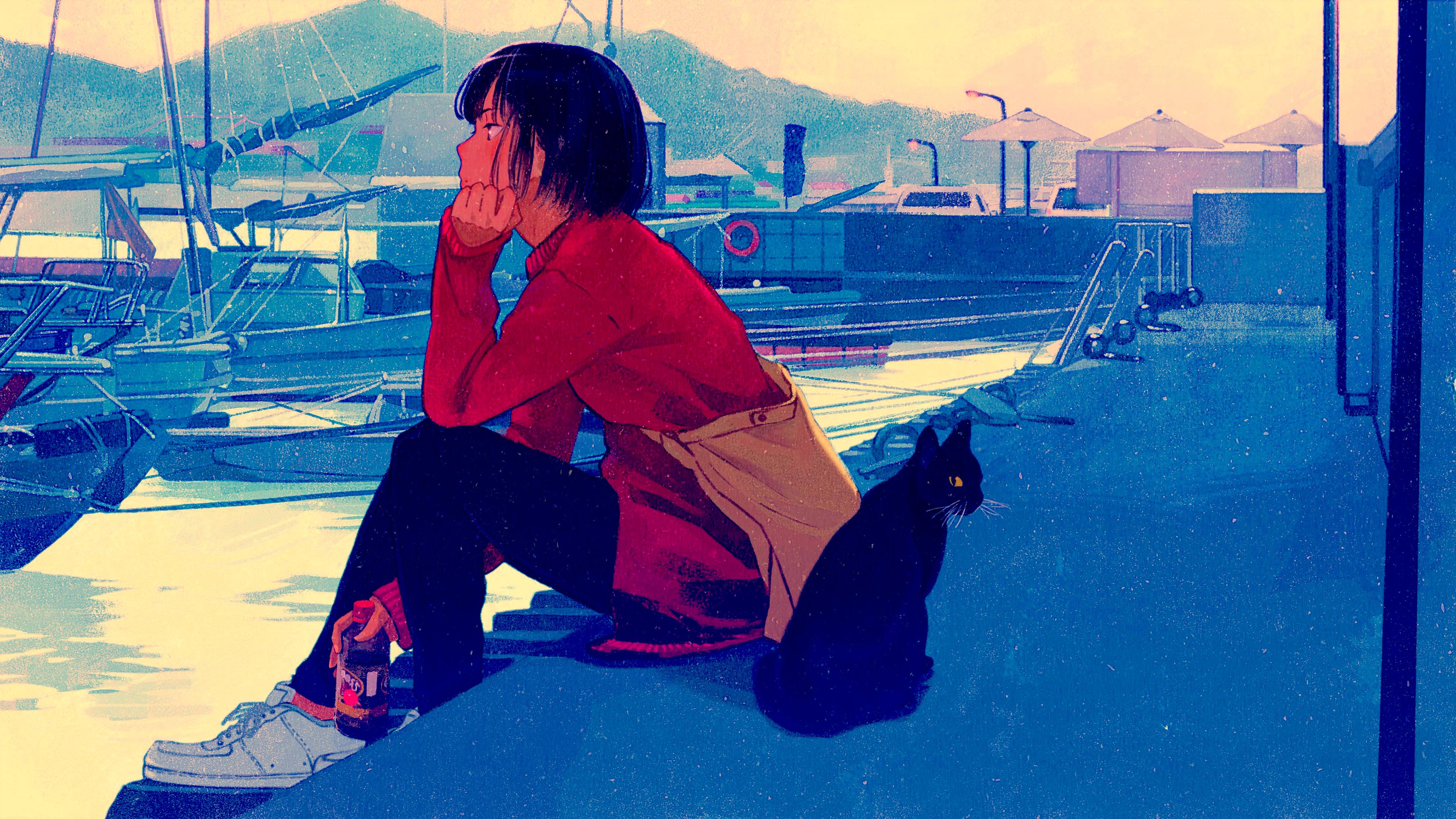 码头,黑猫咪,船舶,沉思