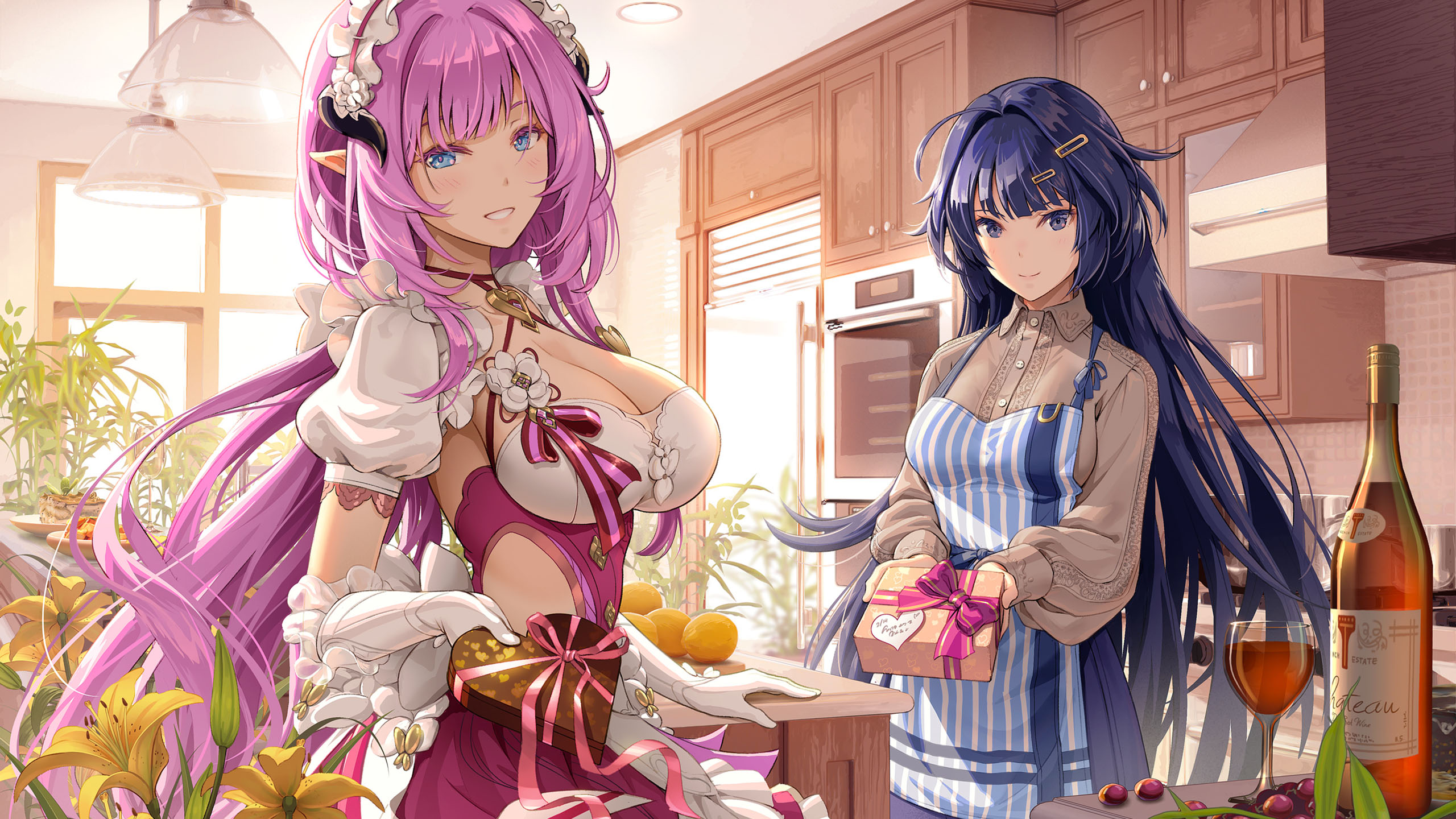 情人节,香槟,礼物,厨房,酒杯